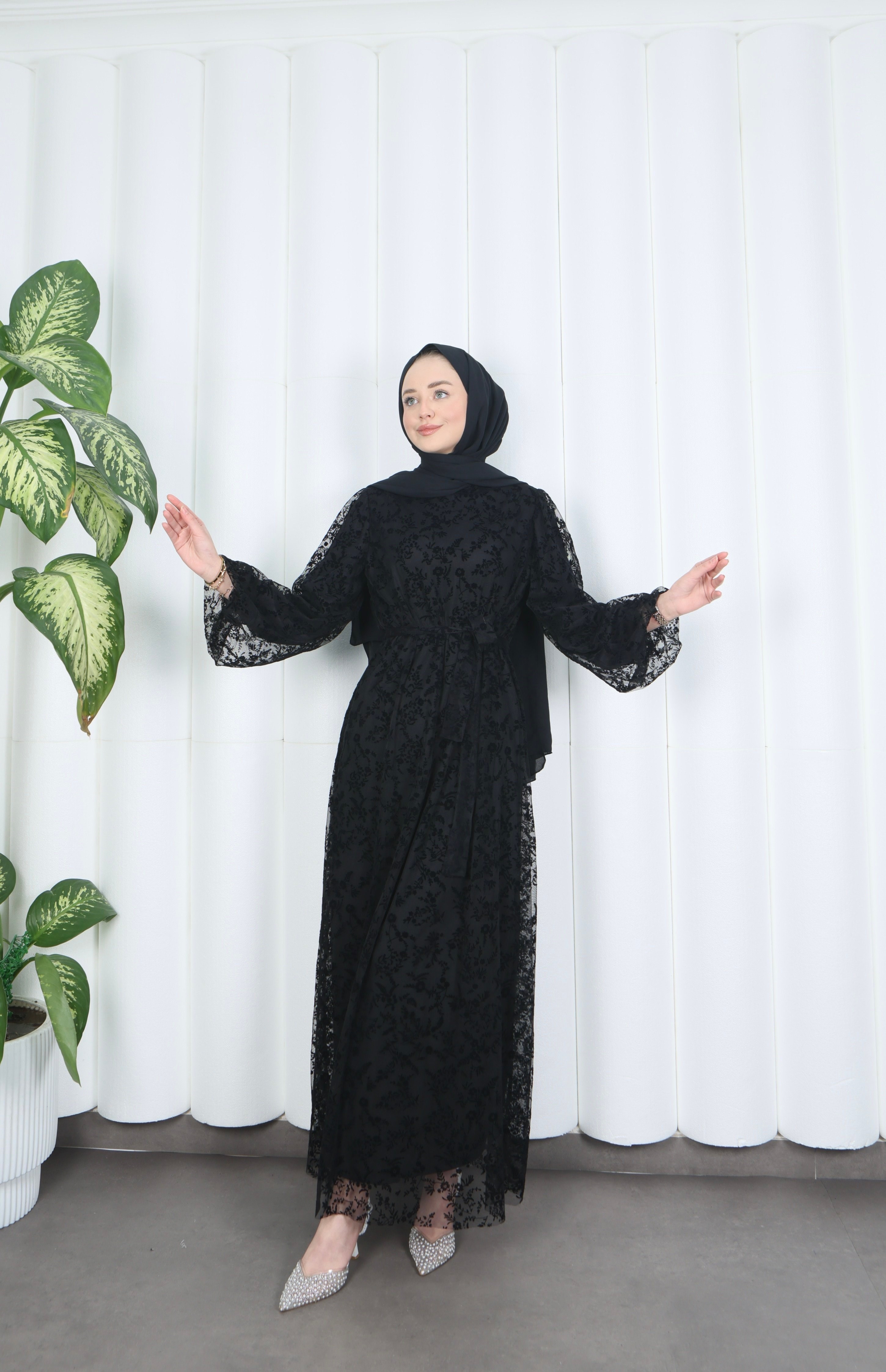 Flok Baskılı Astarlı Kuşaklı Tül Elbise Siyah HNT8565