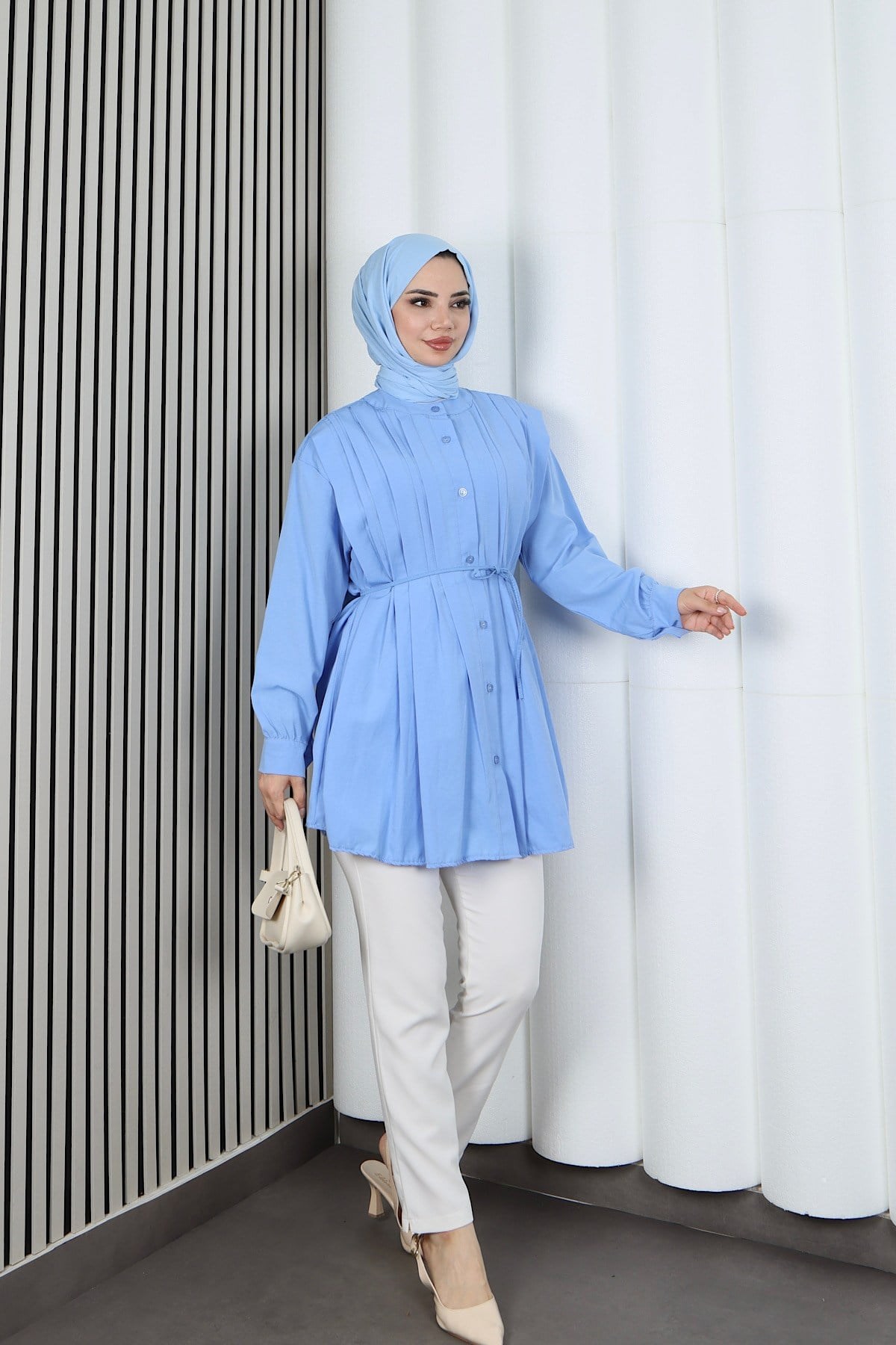 Hakim Yaka Pile Detaylı Düğmeli Tunik Bebe Mavisi  HNT2127