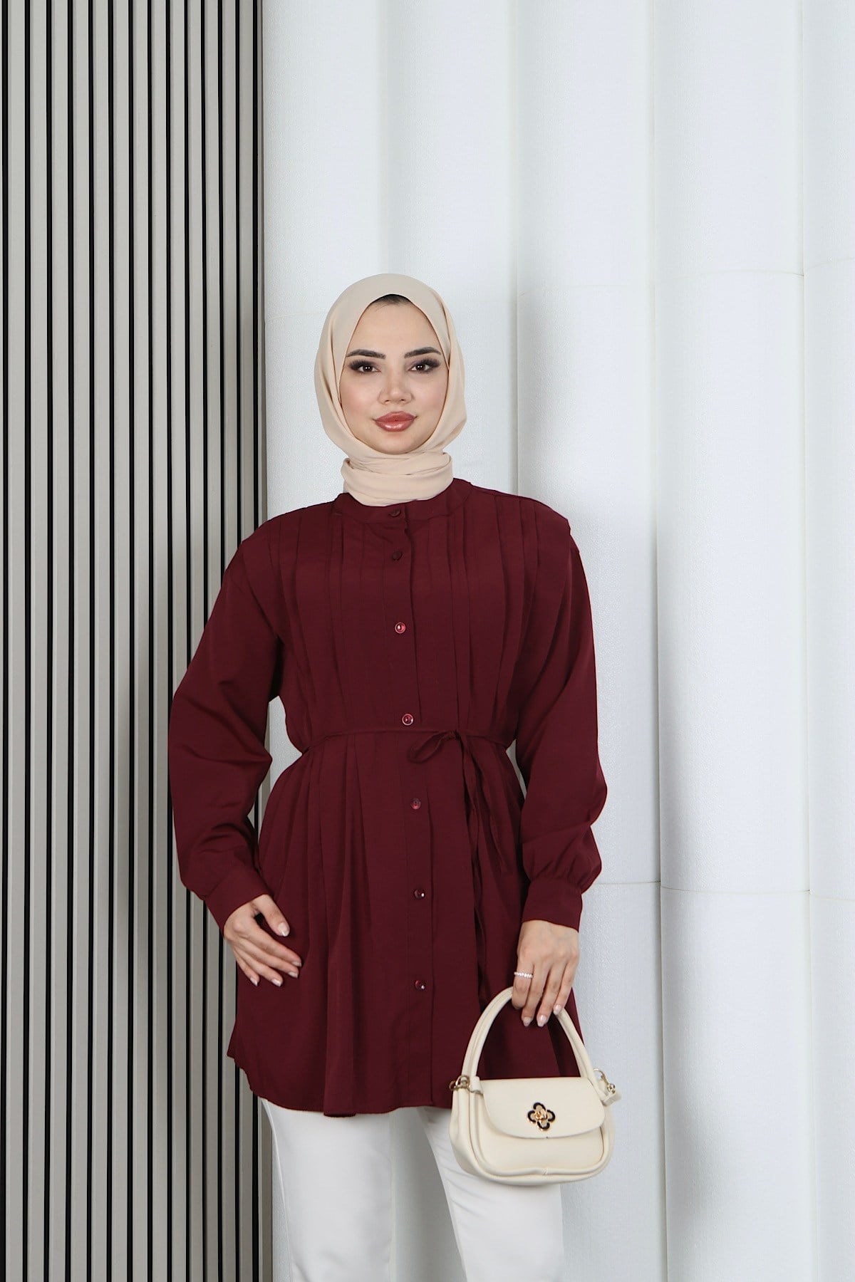 Hakim Yaka Pile Detaylı Düğmeli Tunik Bordo  HNT2127