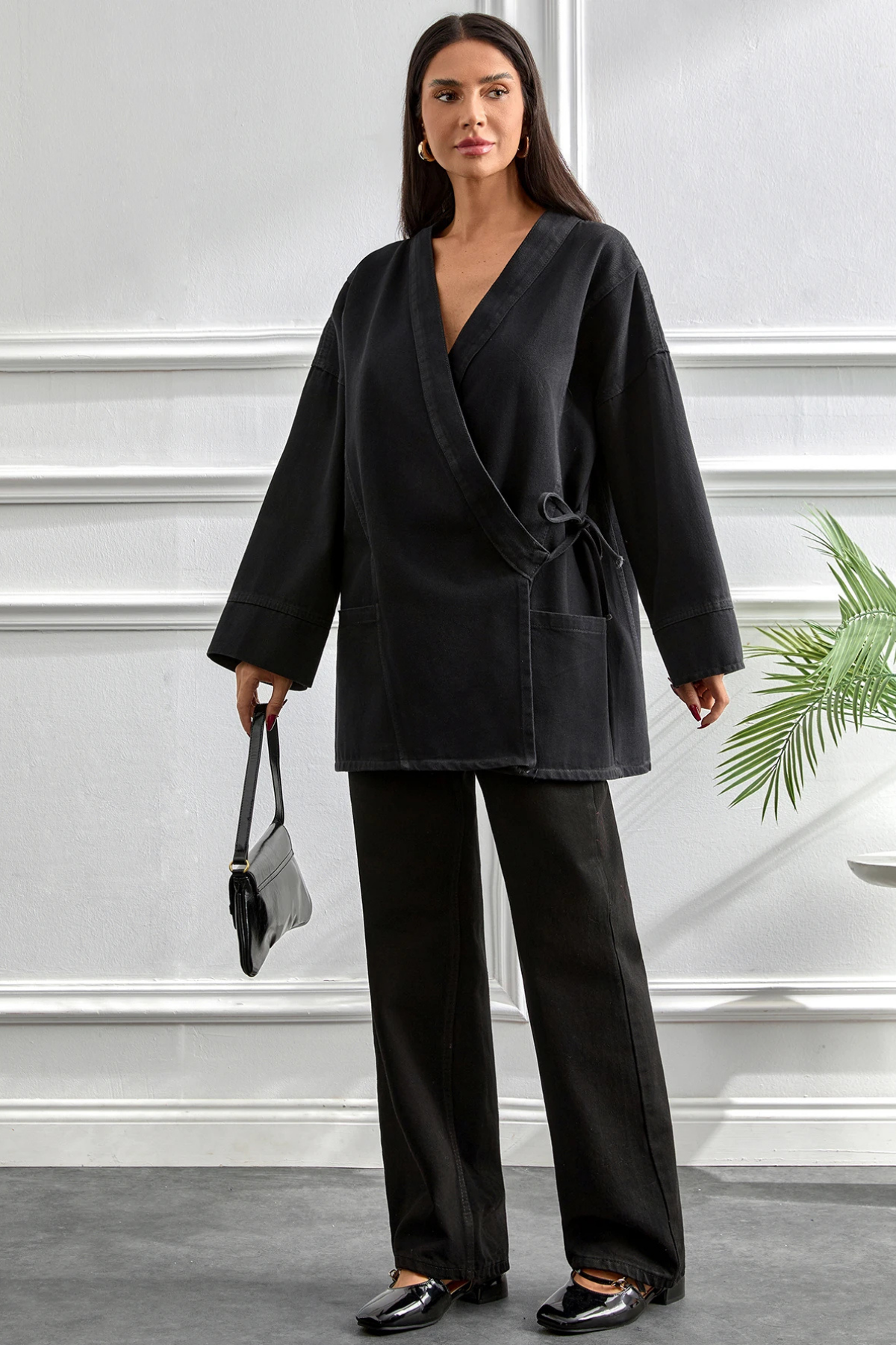 Kimono Kesim Ceket | Bağlamalı Cepli Oversize Model