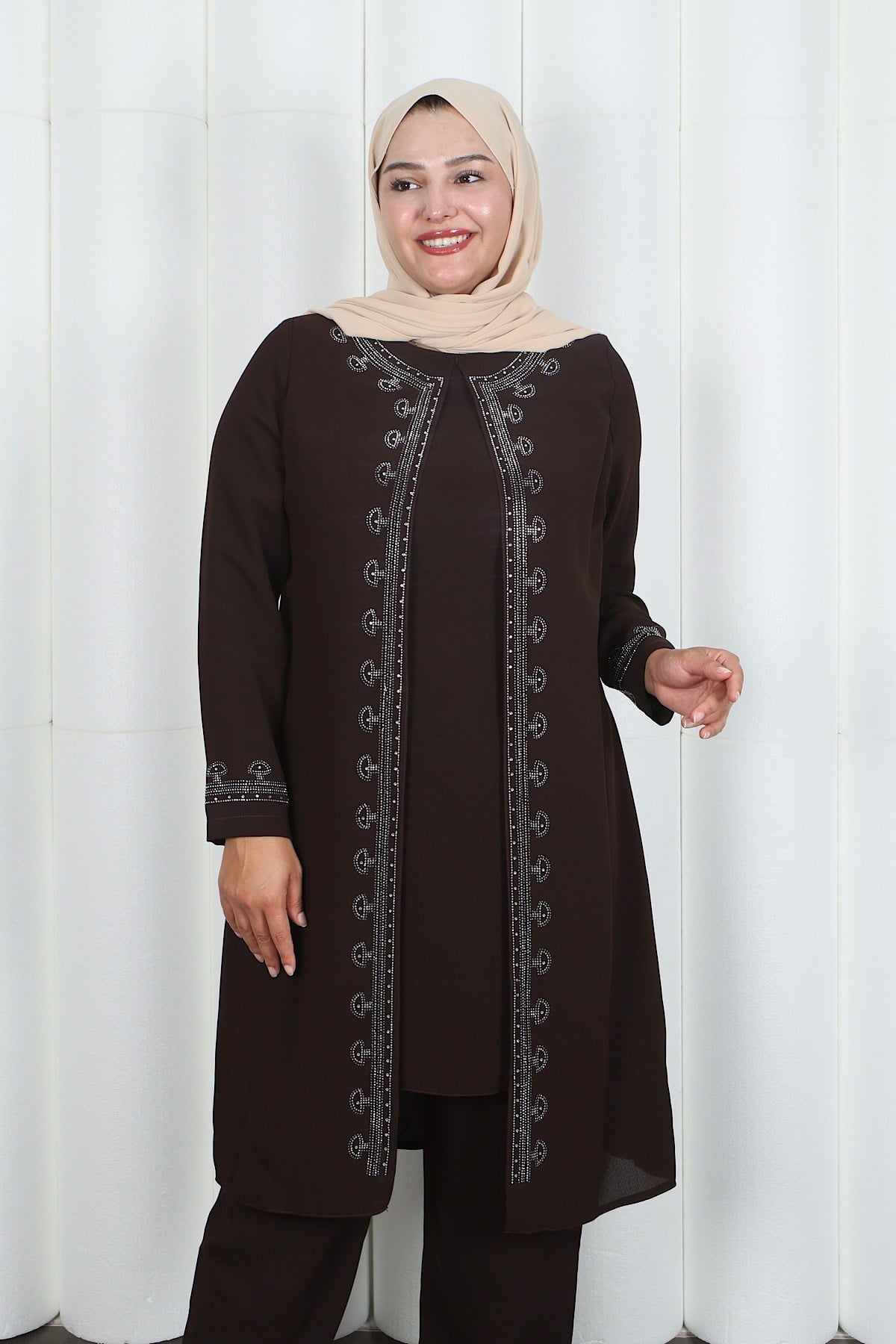 Kolları Taşlı Büyük Beden Anne Takımı Acı Kahve   HNT2101