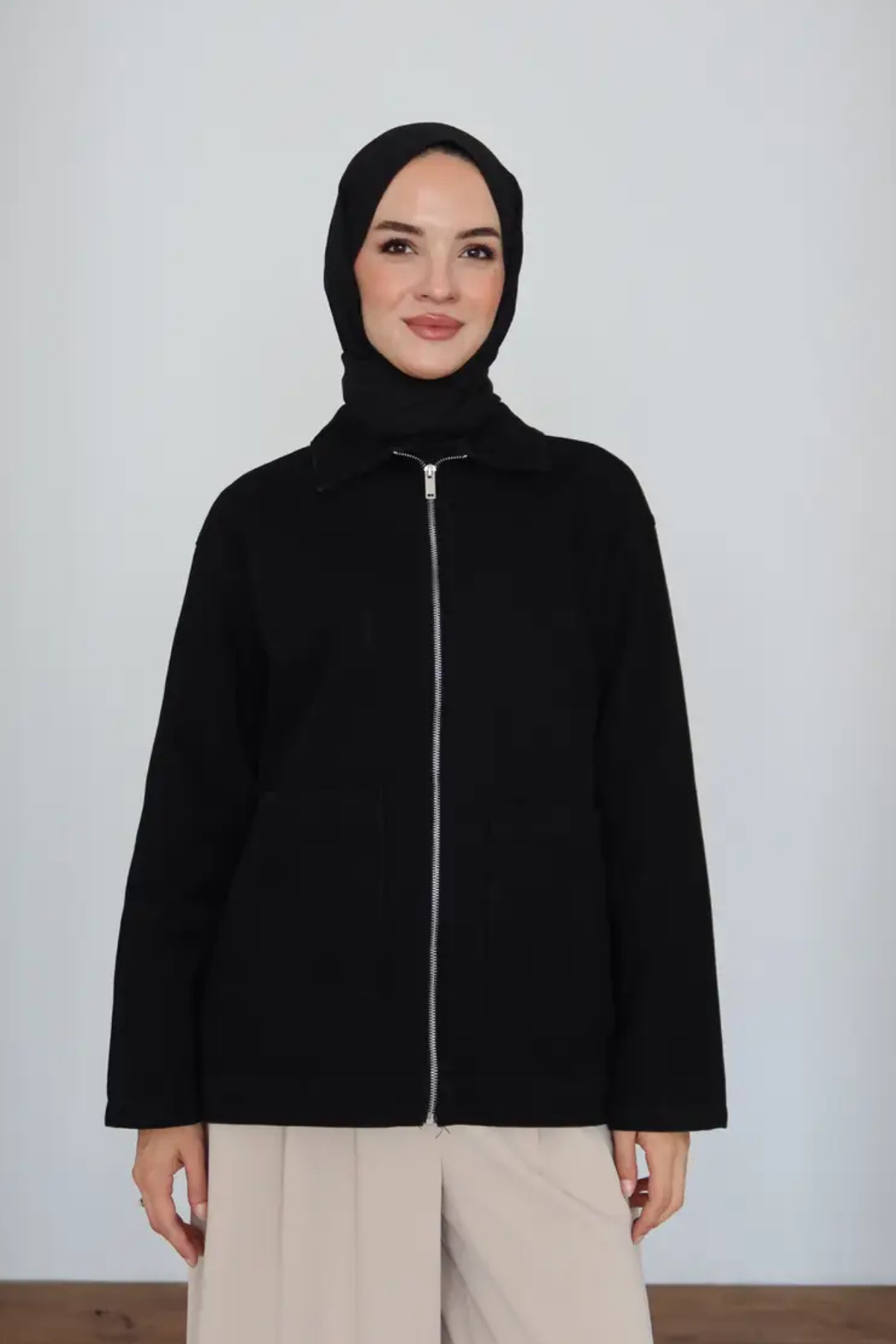 Kot Ceket | Siyah Cepli Fermuarlı Oversize Günlük Stil