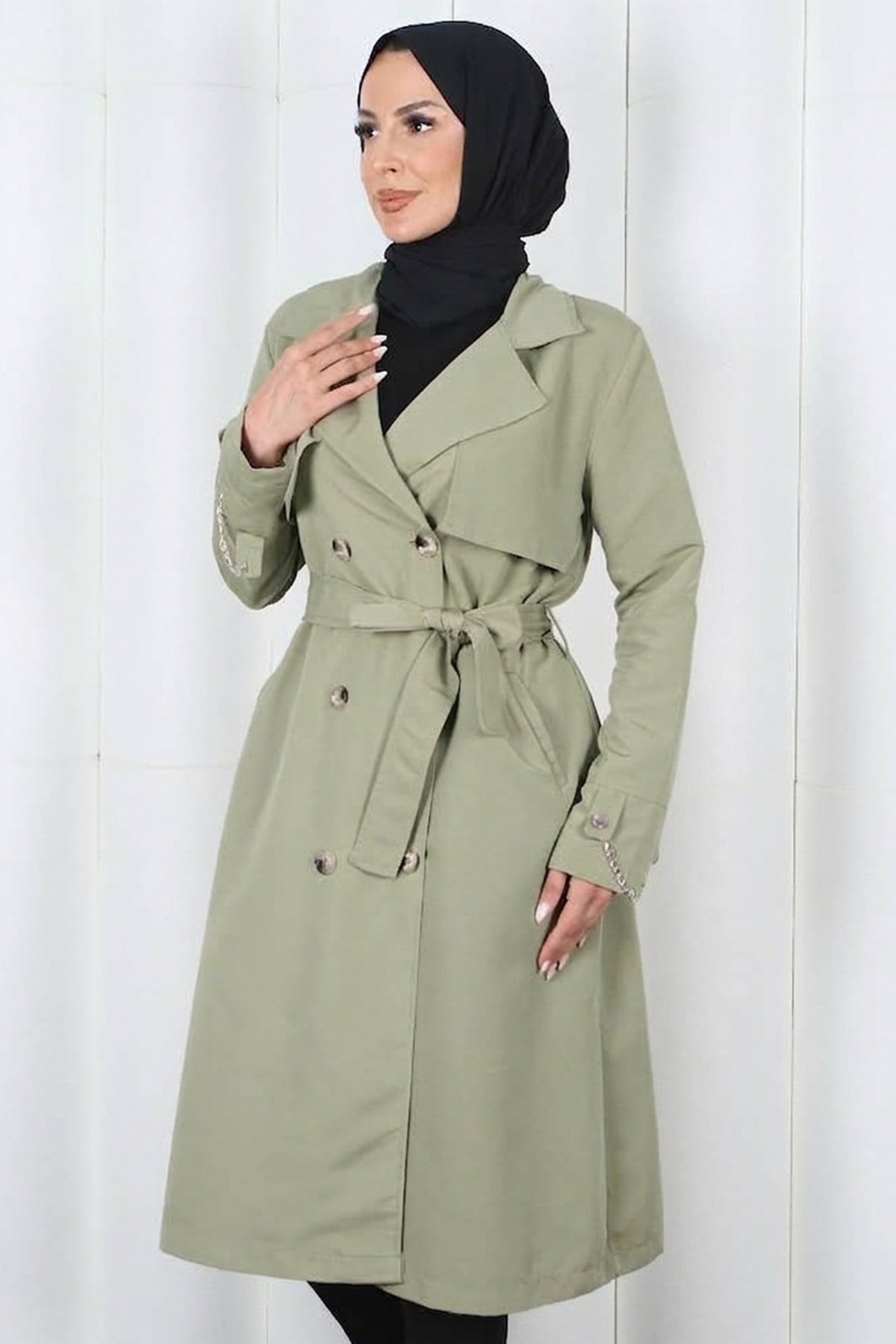 Kuşaklı Kruvaze Düğmeli Trençkot Haki   HNT2809