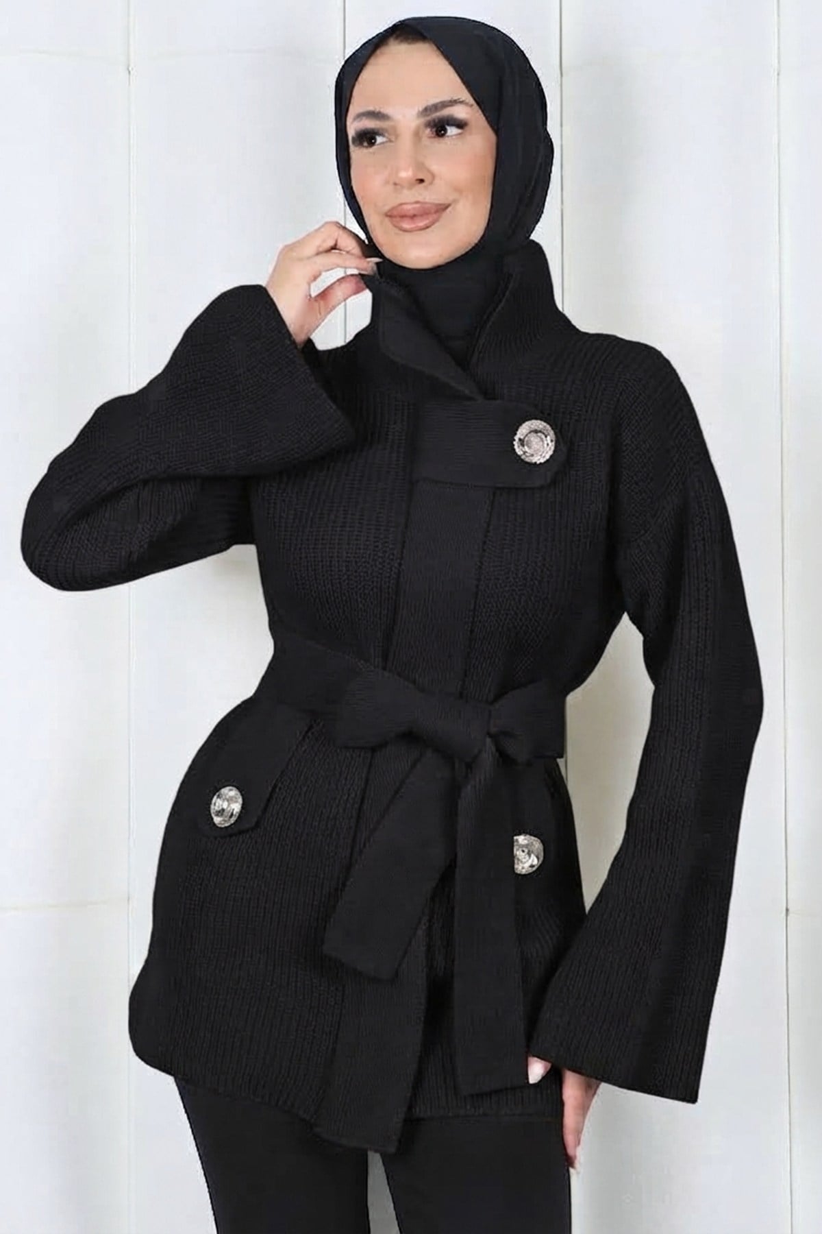 Kuşaklı Yarım Balıkçı Yaka Triko Hırka Siyah HNT2808