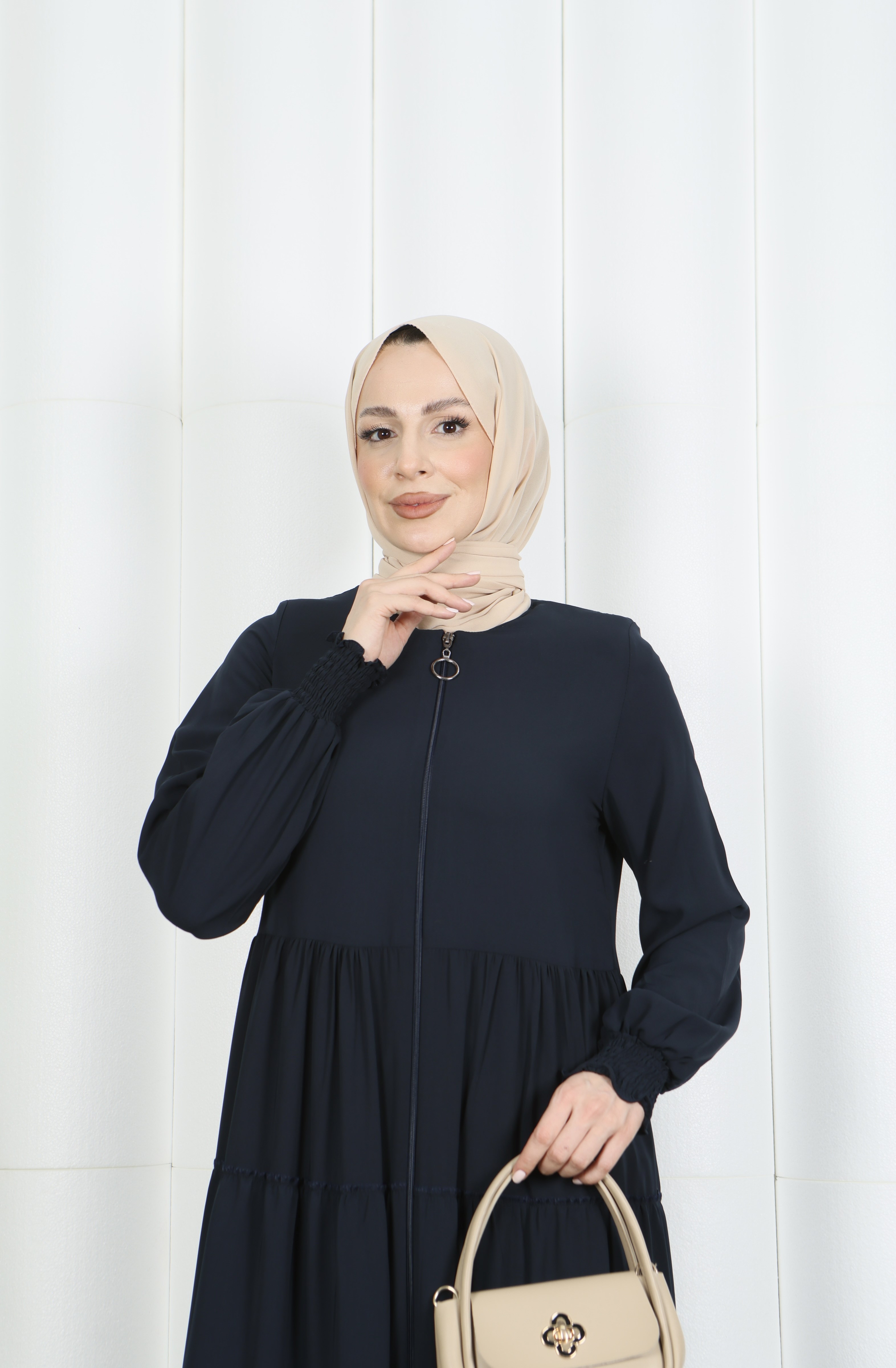Önü Fermuarlı Kat Kat Volanlı Uzun  Ferace Lacivert HNT7028