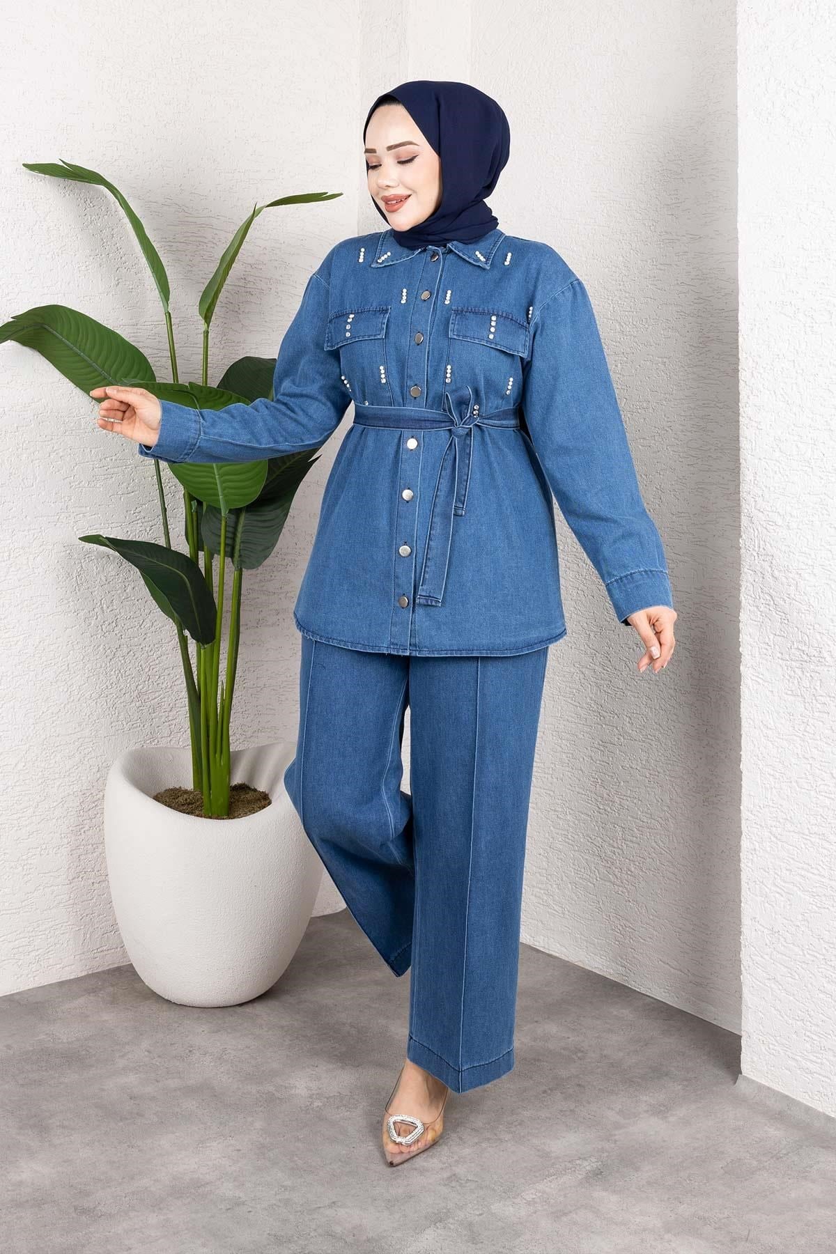 Taş Detaylı Kuşaklı Denim Tesettür Takım Açık Mavi