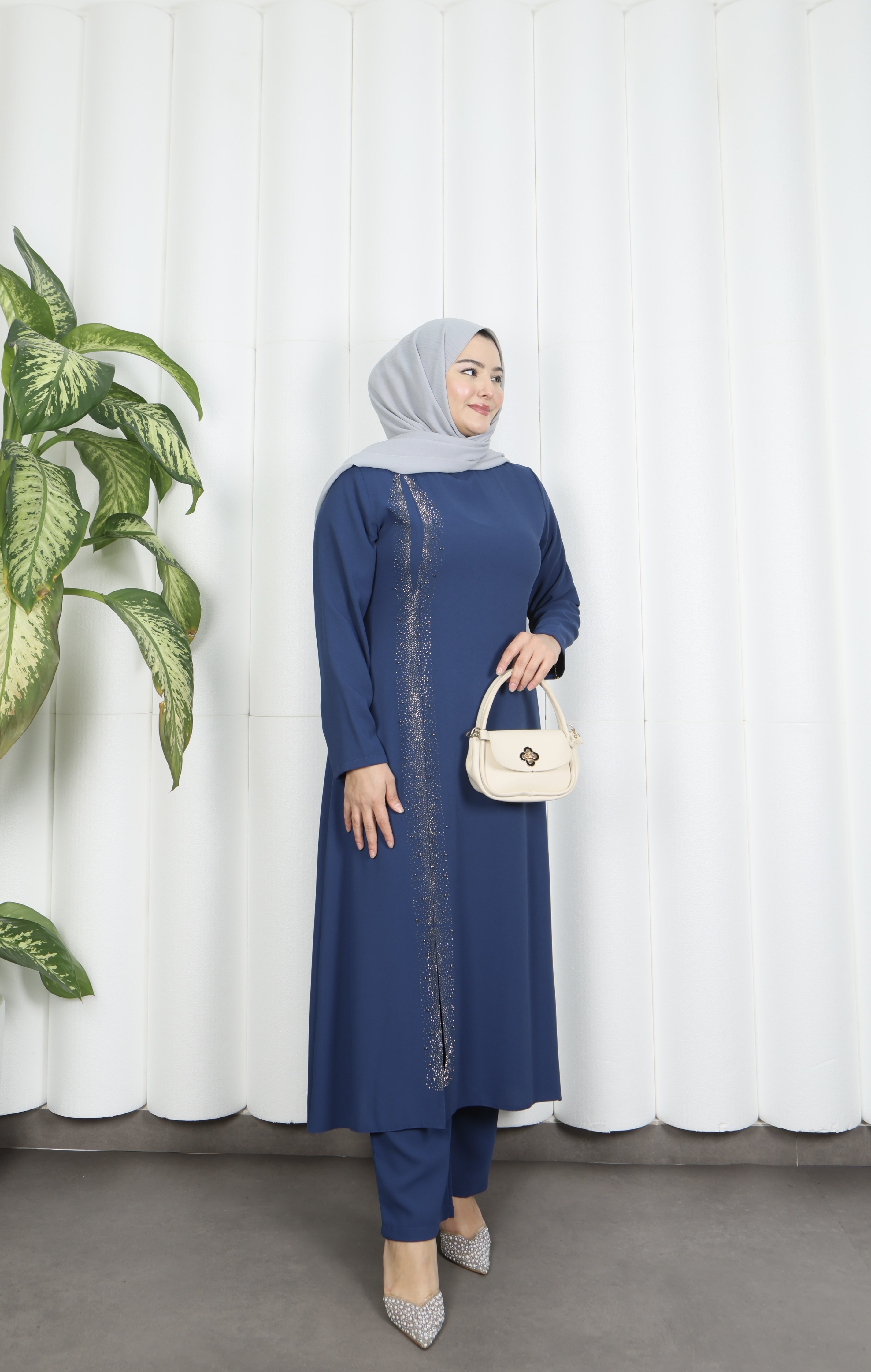 Taş İşlemeli  Büyük Beden  Tesettür Takım İndigo    HNT7537