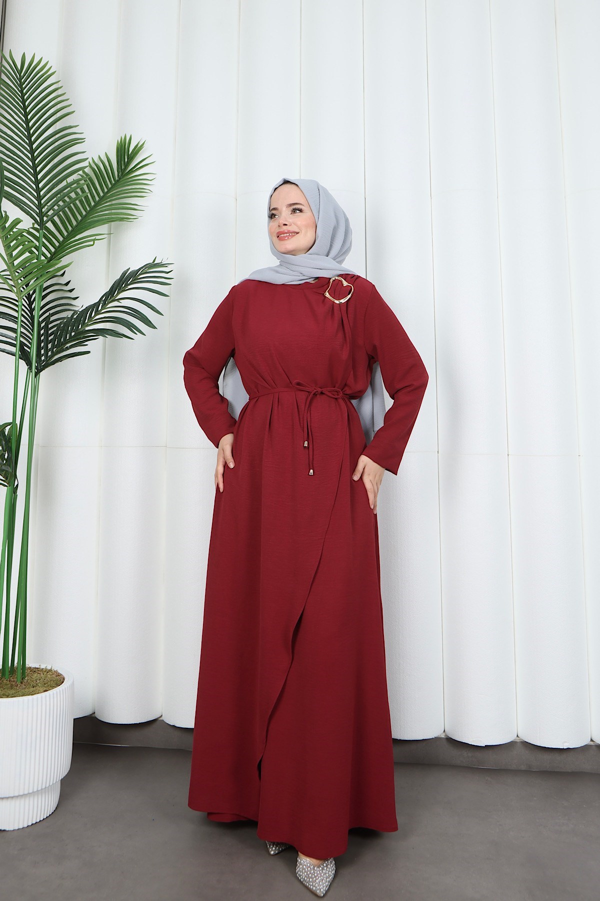 Toka Detaylı Bağlamalı Ayrobin Elbise Bordo   HNT85921