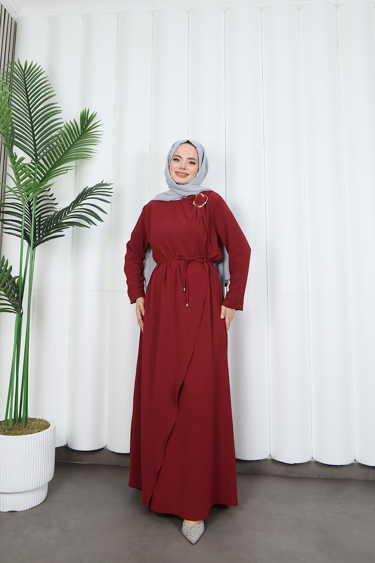 Toka Detaylı Bağlamalı Ayrobin Elbise Bordo   HNT85921