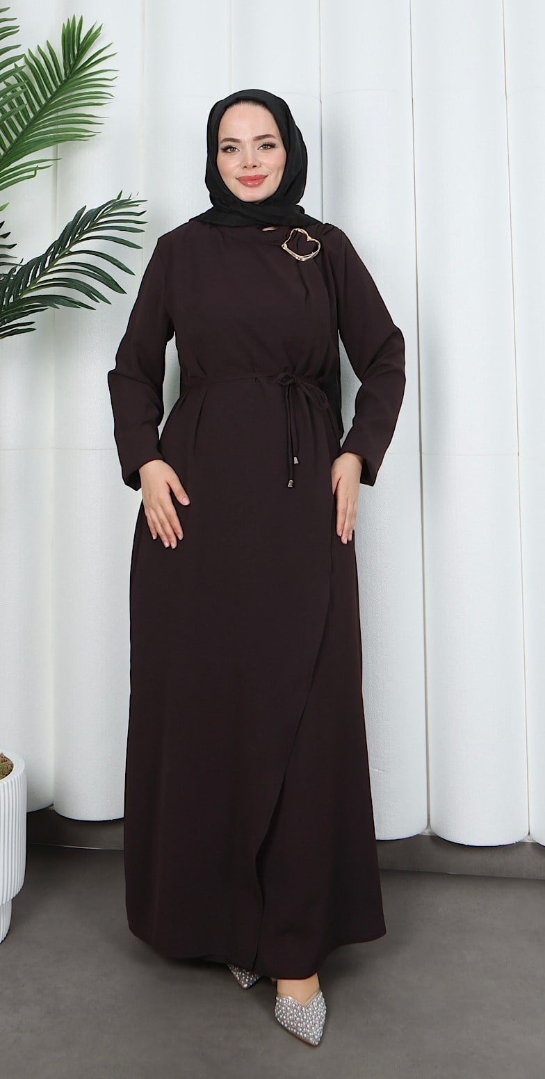 Toka Detaylı Bağlamalı Ayrobin Elbise Kahverengi   HNT85921