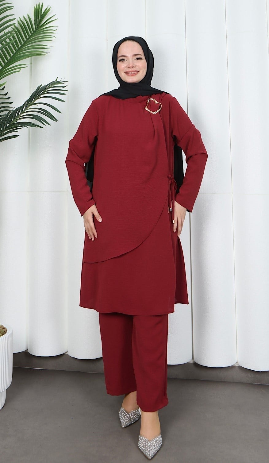 Yandan Tokalı Pantolonlu Ayrobin Takım Bordo  HNT8591