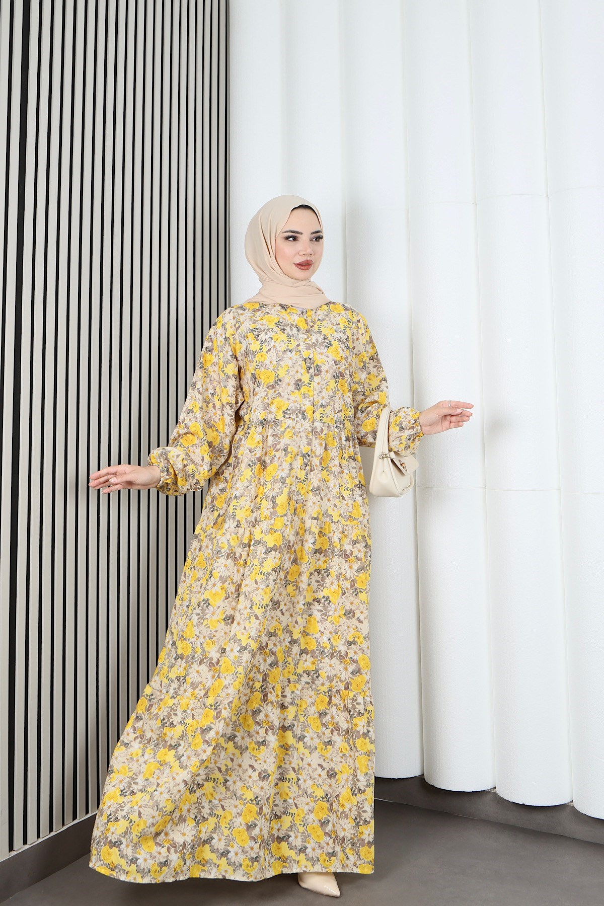 Yarım Pat  Düğmeli Papatya  Desenli Modal Kumaş Elbise Sarı  HNT2129
