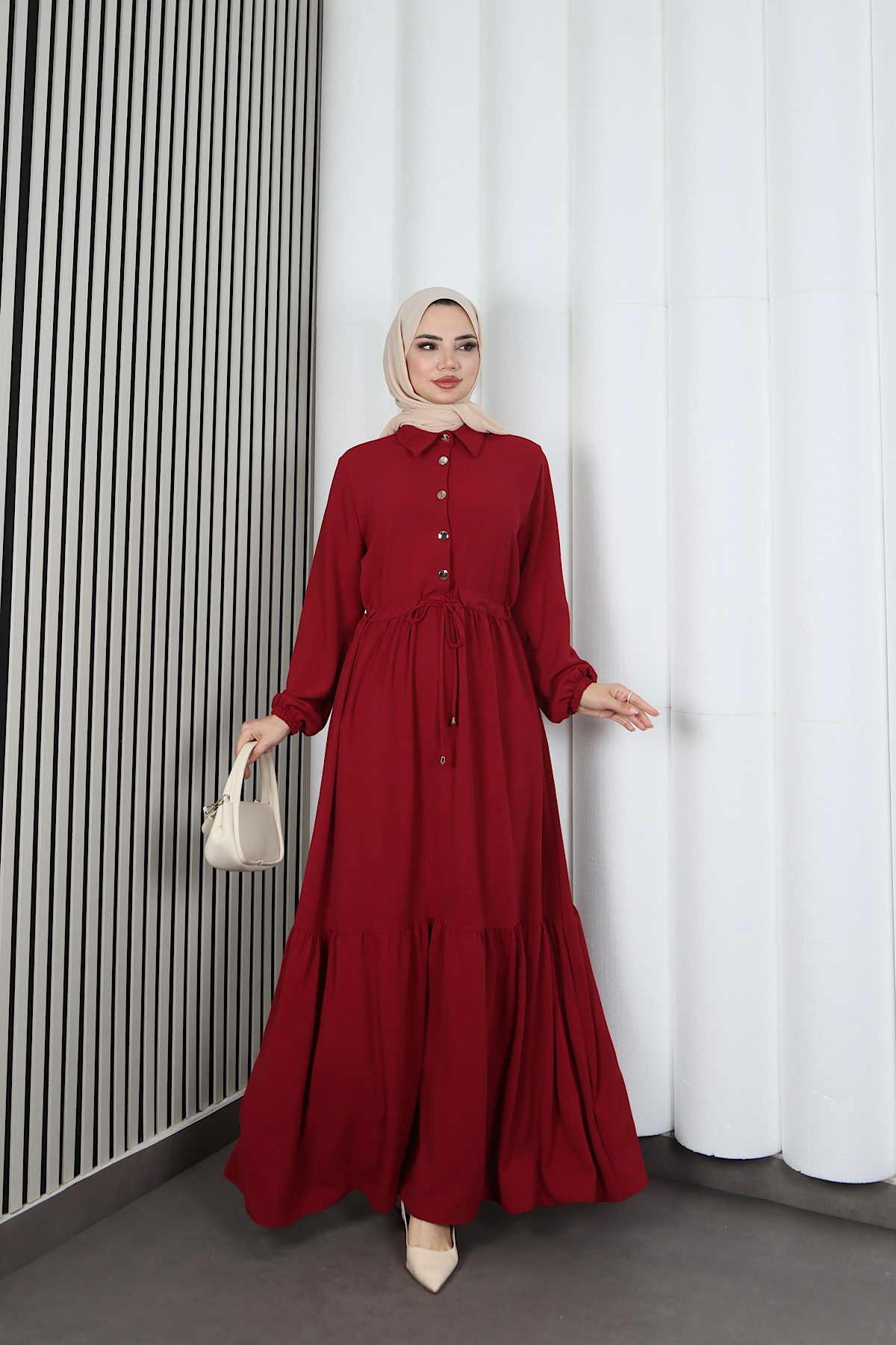 Yarım Pat Düğmeli Beli Bağcıklı Ayrobin Elbise Bordo HNT85451