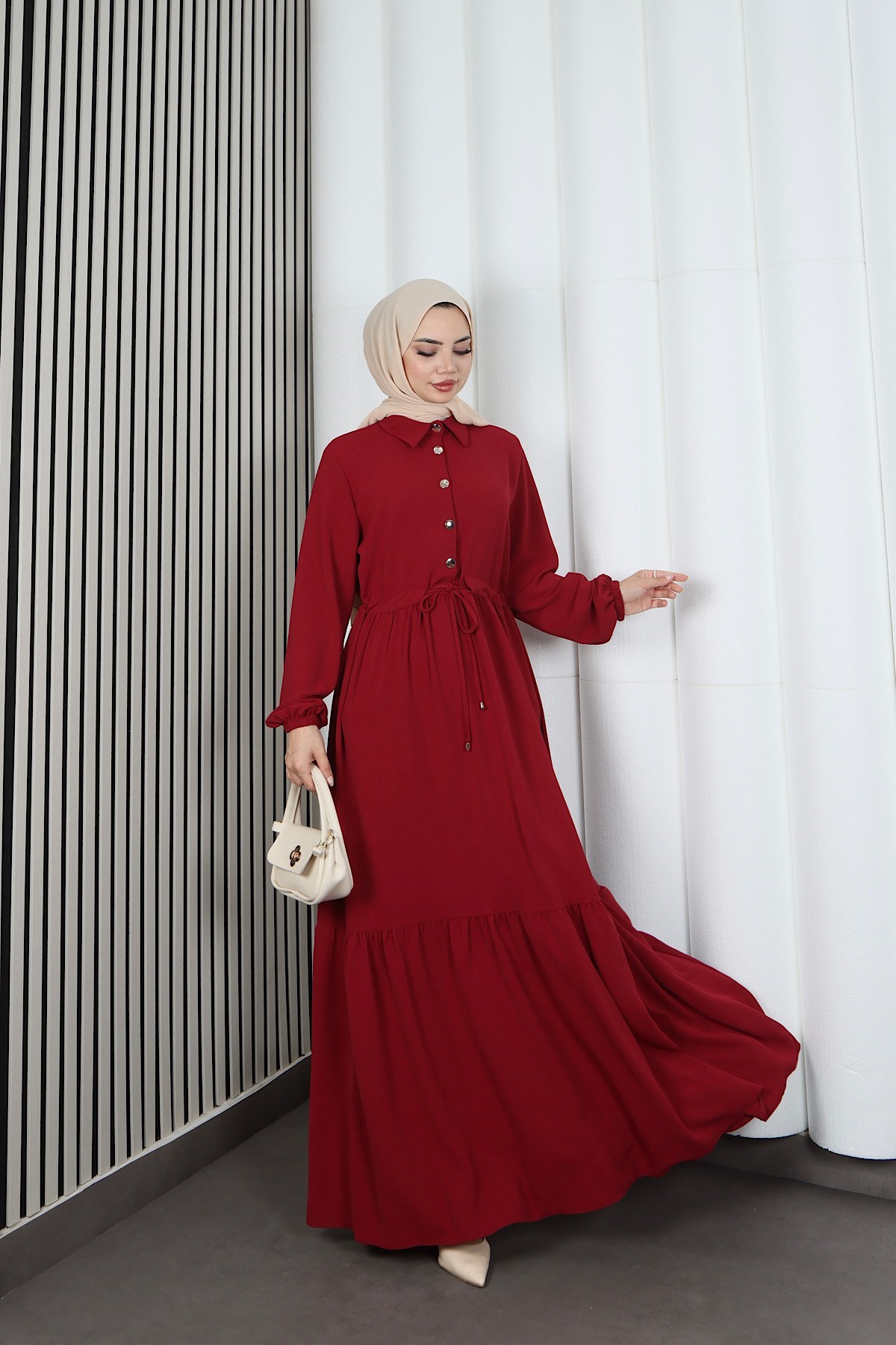 Yarım Pat Düğmeli Beli Bağcıklı Ayrobin Elbise Bordo HNT85451