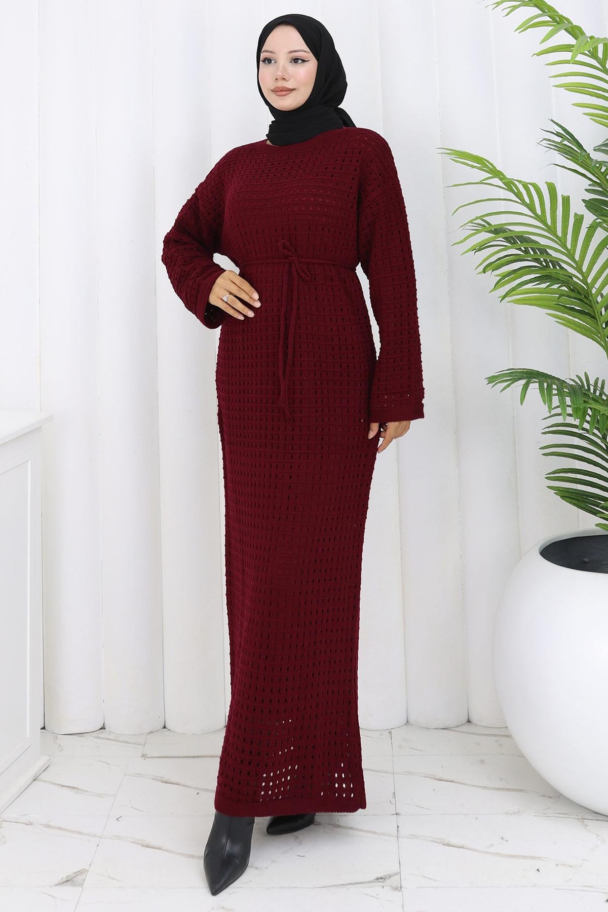 Astarlı Ajurlu Elbise Bordo HM2839