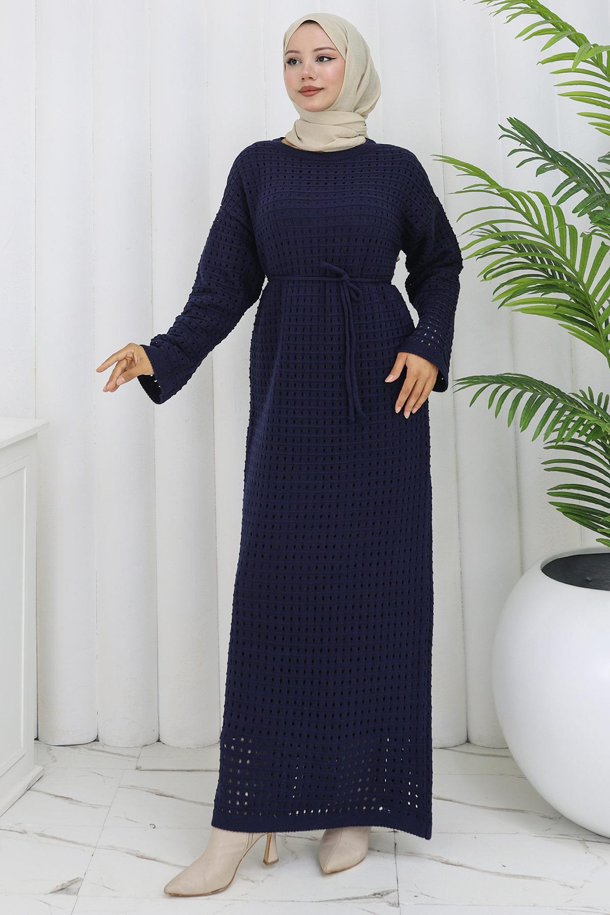 Astarlı Ajurlu Elbise Lacivert HM2839