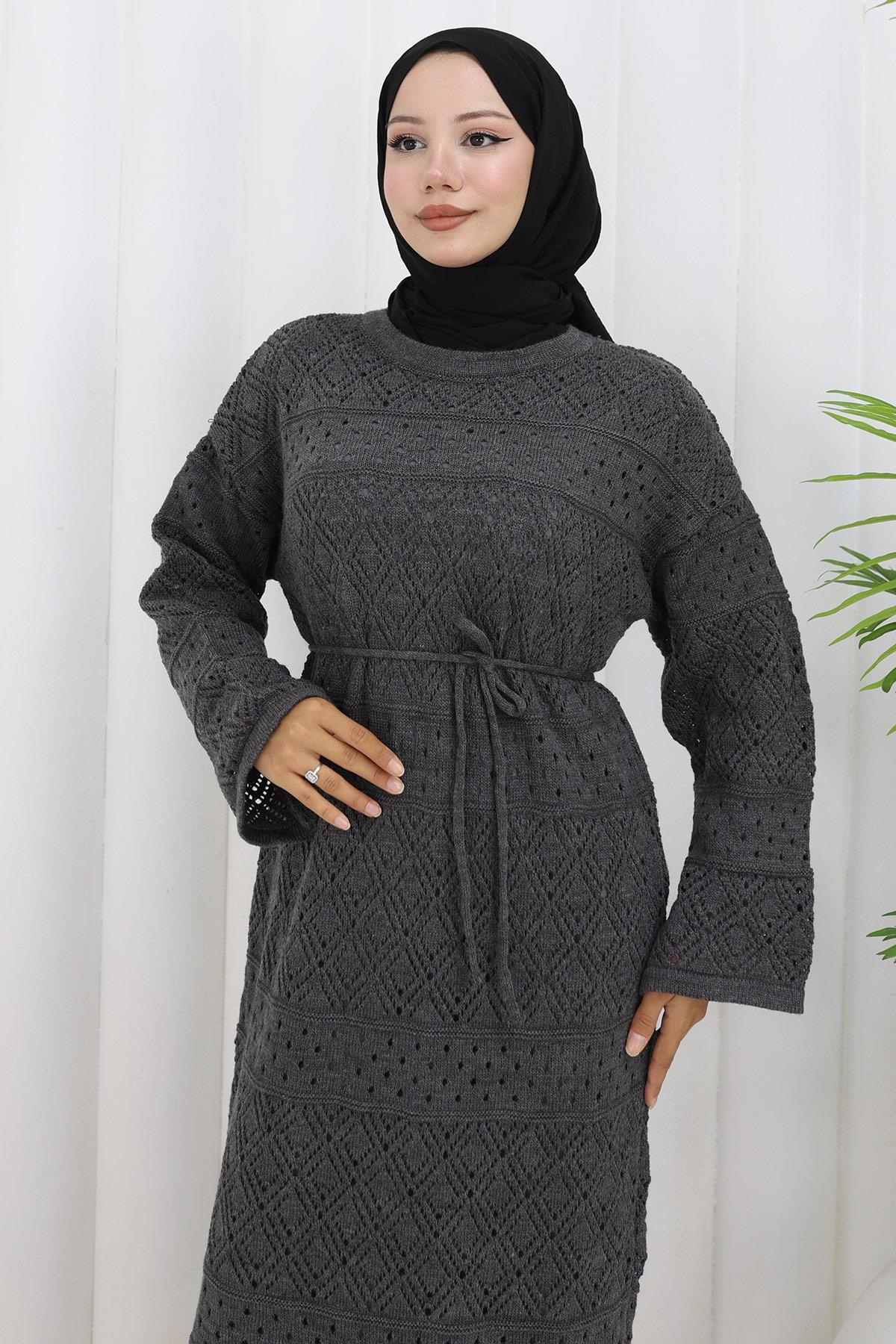 Astarlı Bağcıklı Ajurlu Elbise Füme HM2840