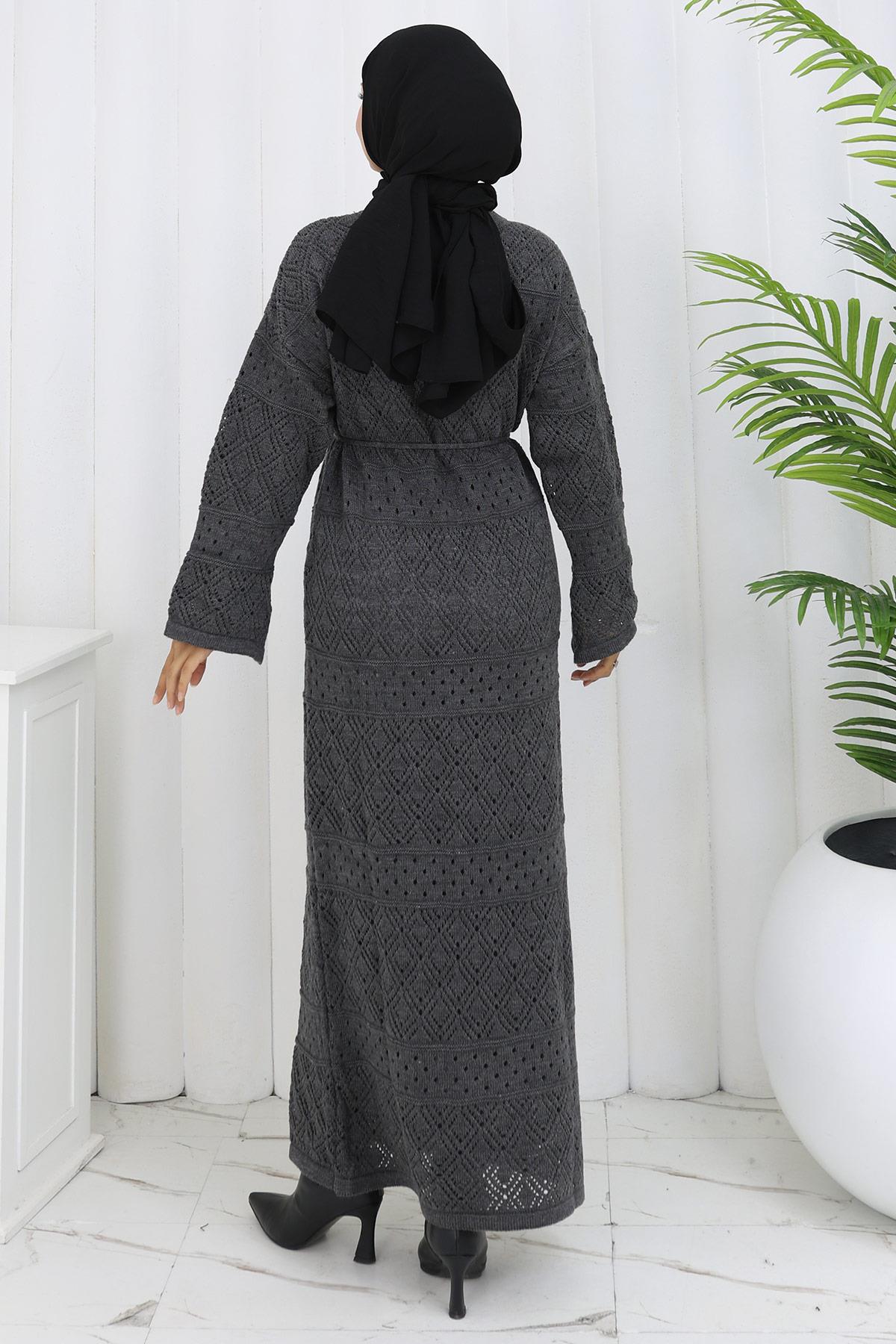 Astarlı Bağcıklı Ajurlu Elbise Füme HM2840