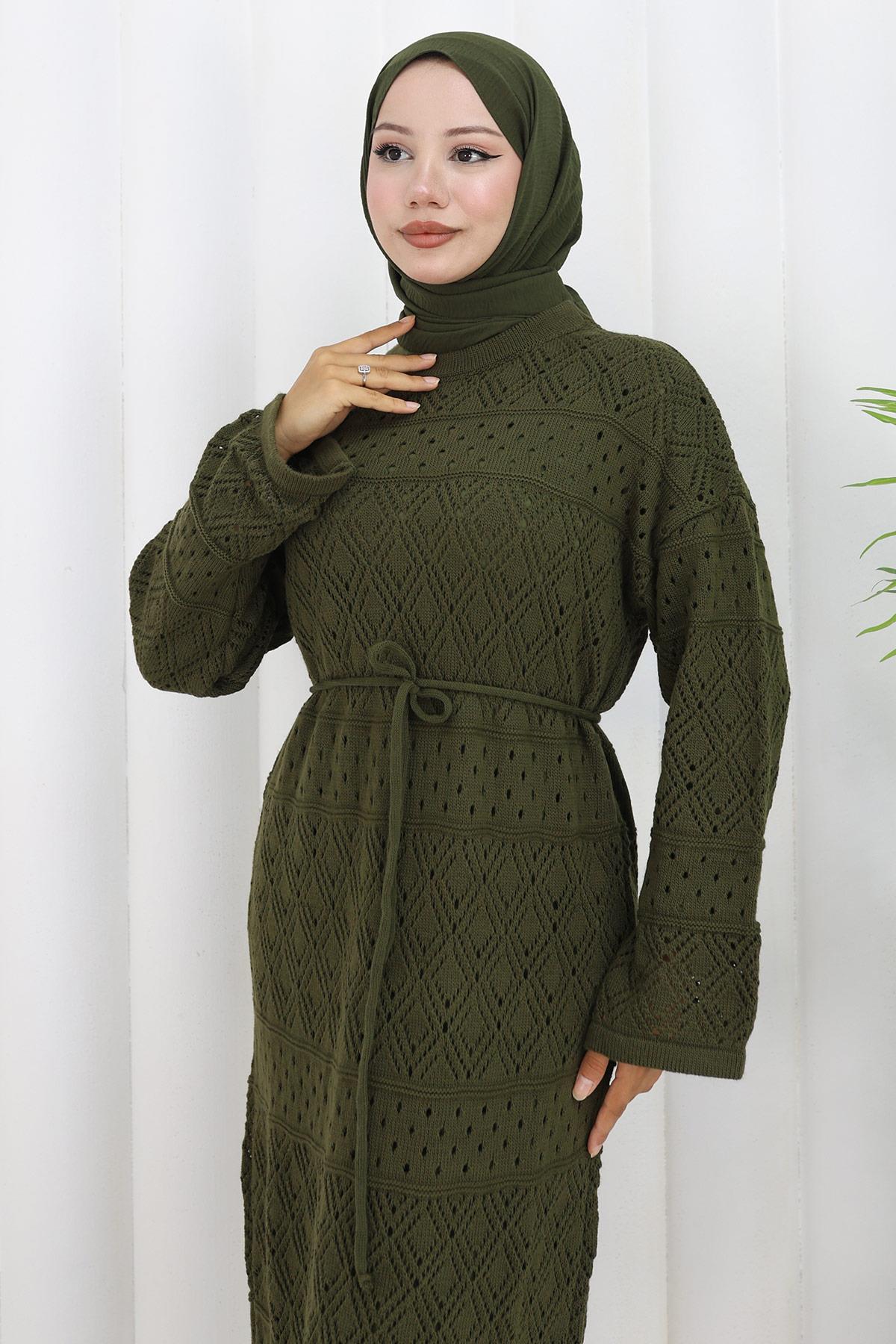 Astarlı Bağcıklı Ajurlu Elbise Haki HM2840