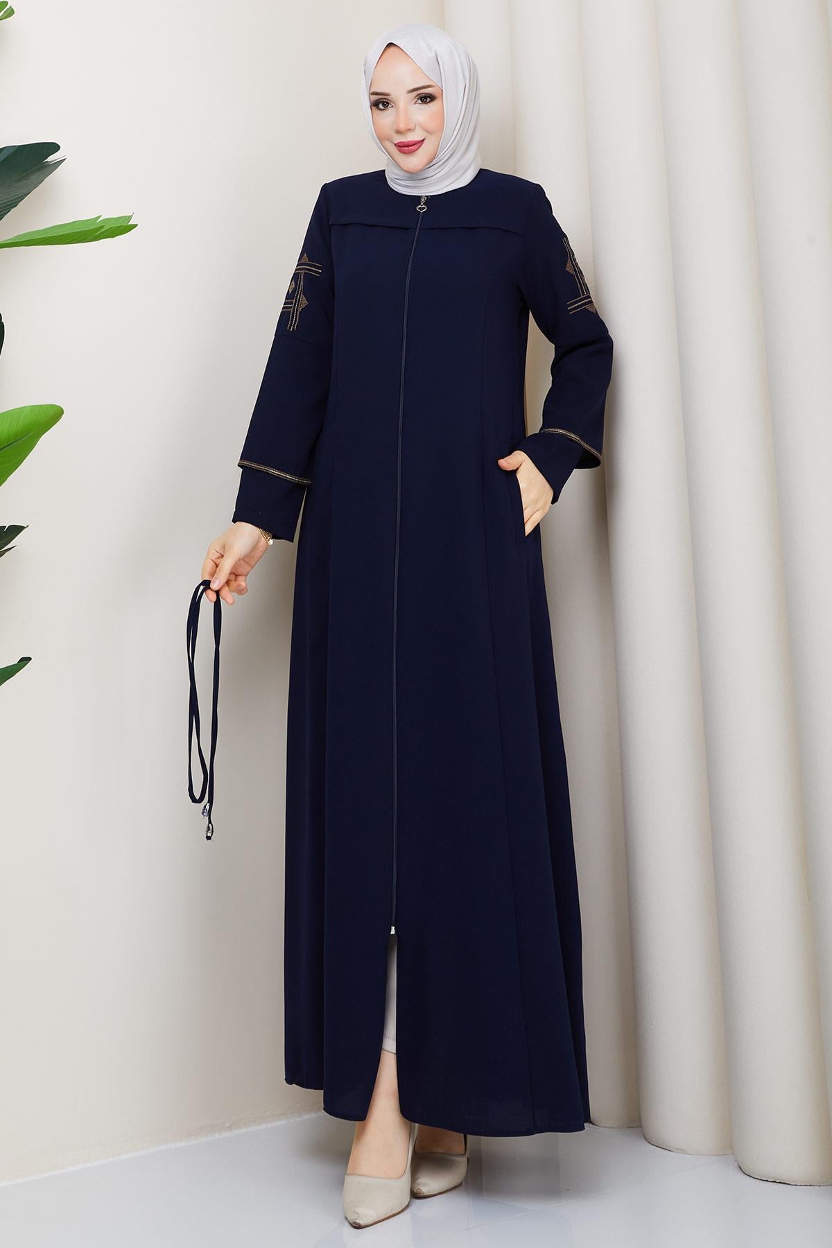 Bağcıklı Kolu Nakışlı Ferace Lacivert HM2854