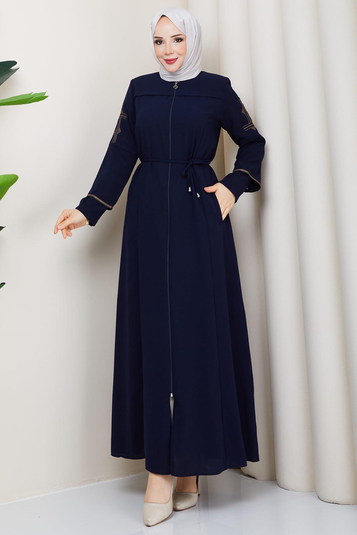 Bağcıklı Kolu Nakışlı Ferace Lacivert HM2854