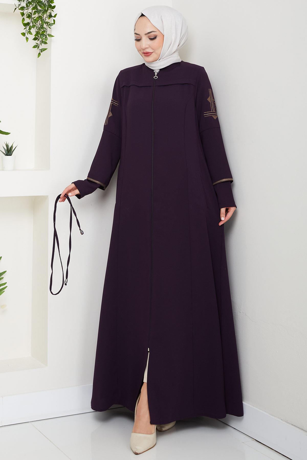 Bağcıklı Kolu Nakışlı Ferace Mürdüm HM2854