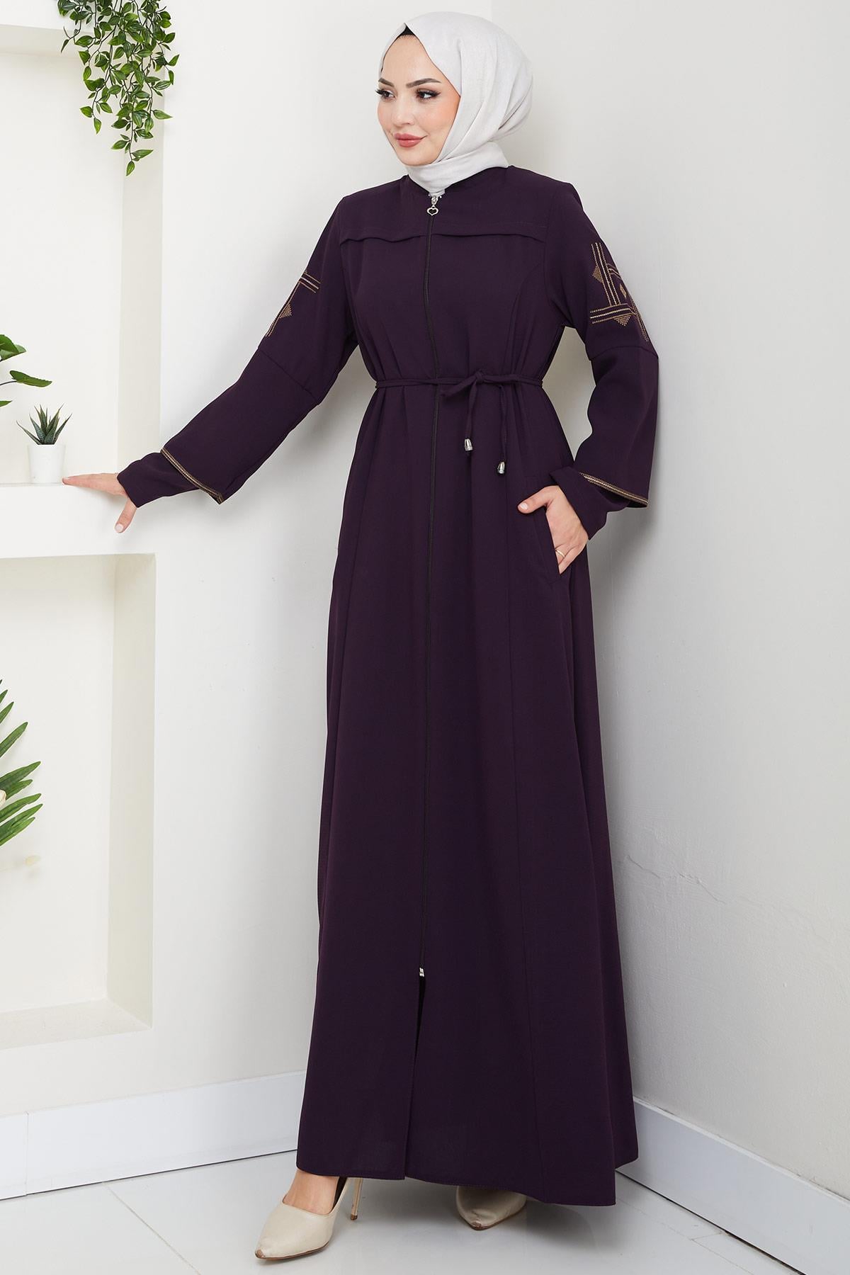 Bağcıklı Kolu Nakışlı Ferace Mürdüm HM2854
