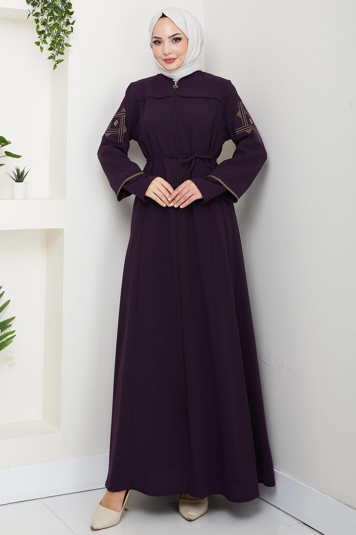 Bağcıklı Kolu Nakışlı Ferace Mürdüm HM2854