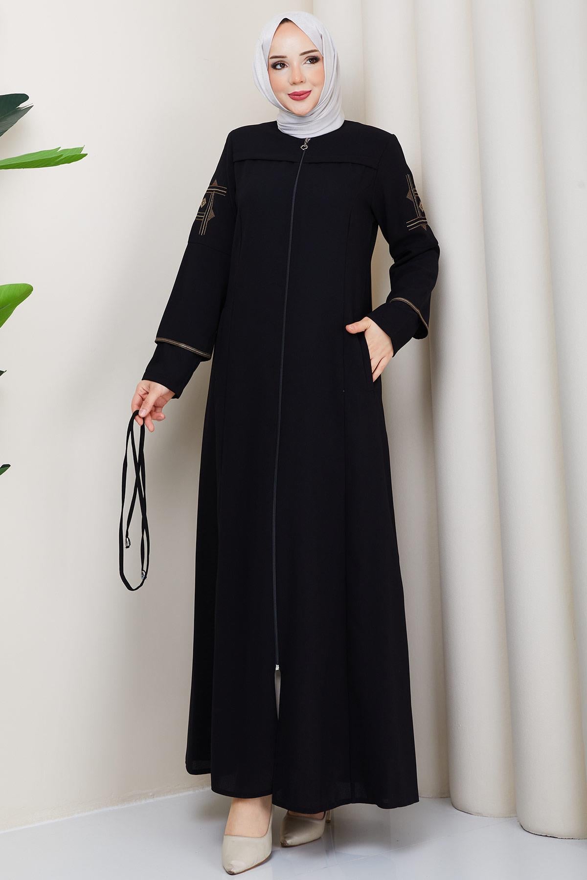 Bağcıklı Kolu Nakışlı Ferace Siyah HM2854
