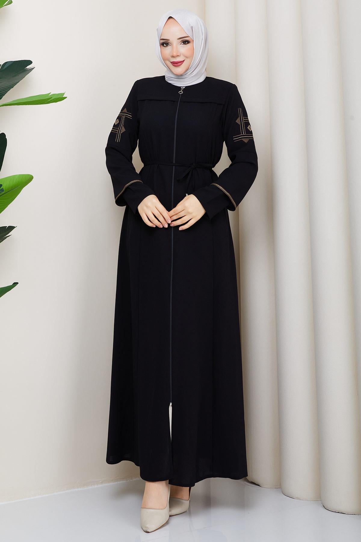 Bağcıklı Kolu Nakışlı Ferace Siyah HM2854