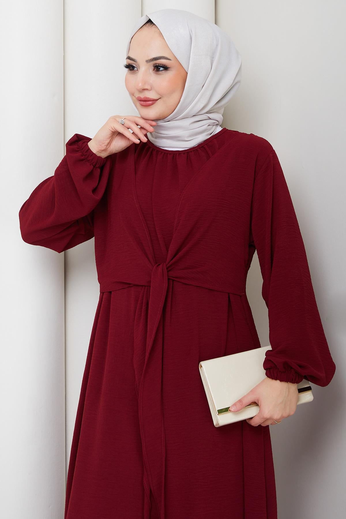 Bağlama Detaylı Ayrobin Elbise Bordo HM2873