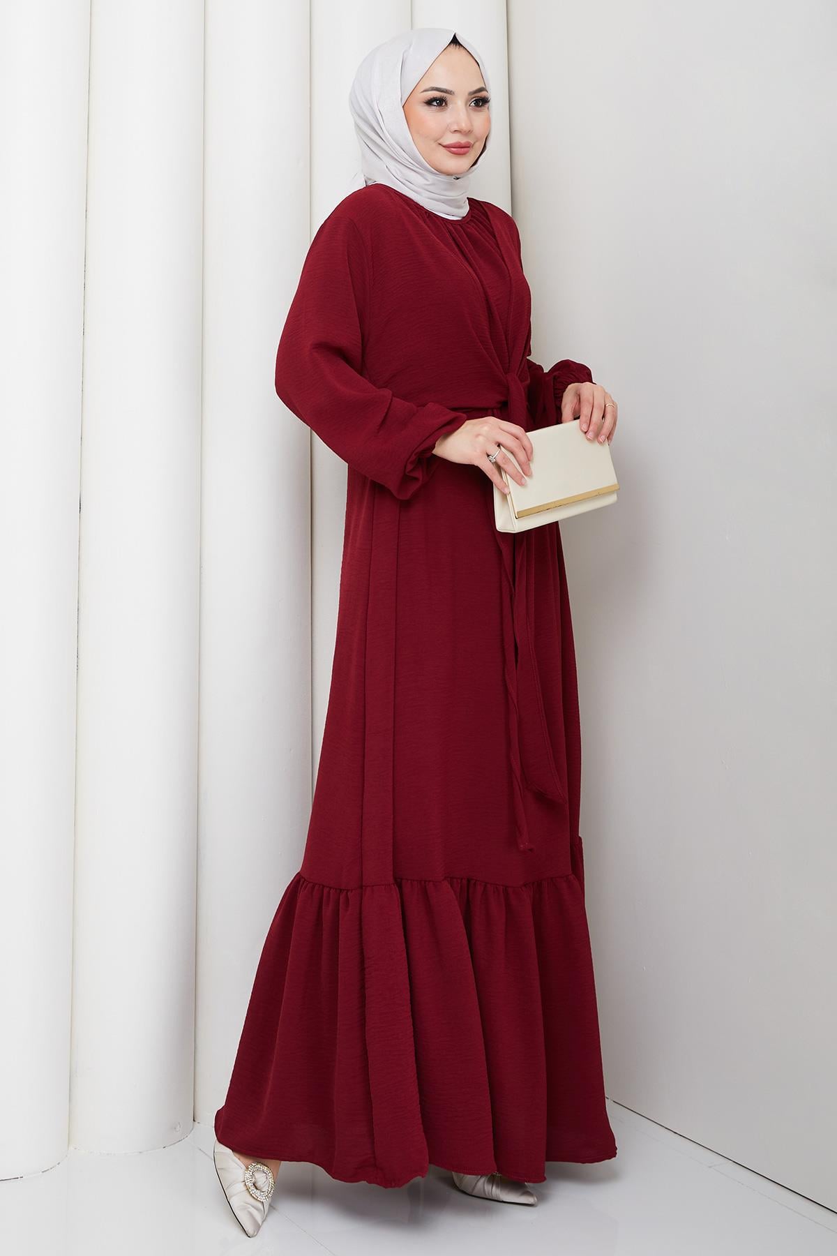 Bağlama Detaylı Ayrobin Elbise Bordo HM2873