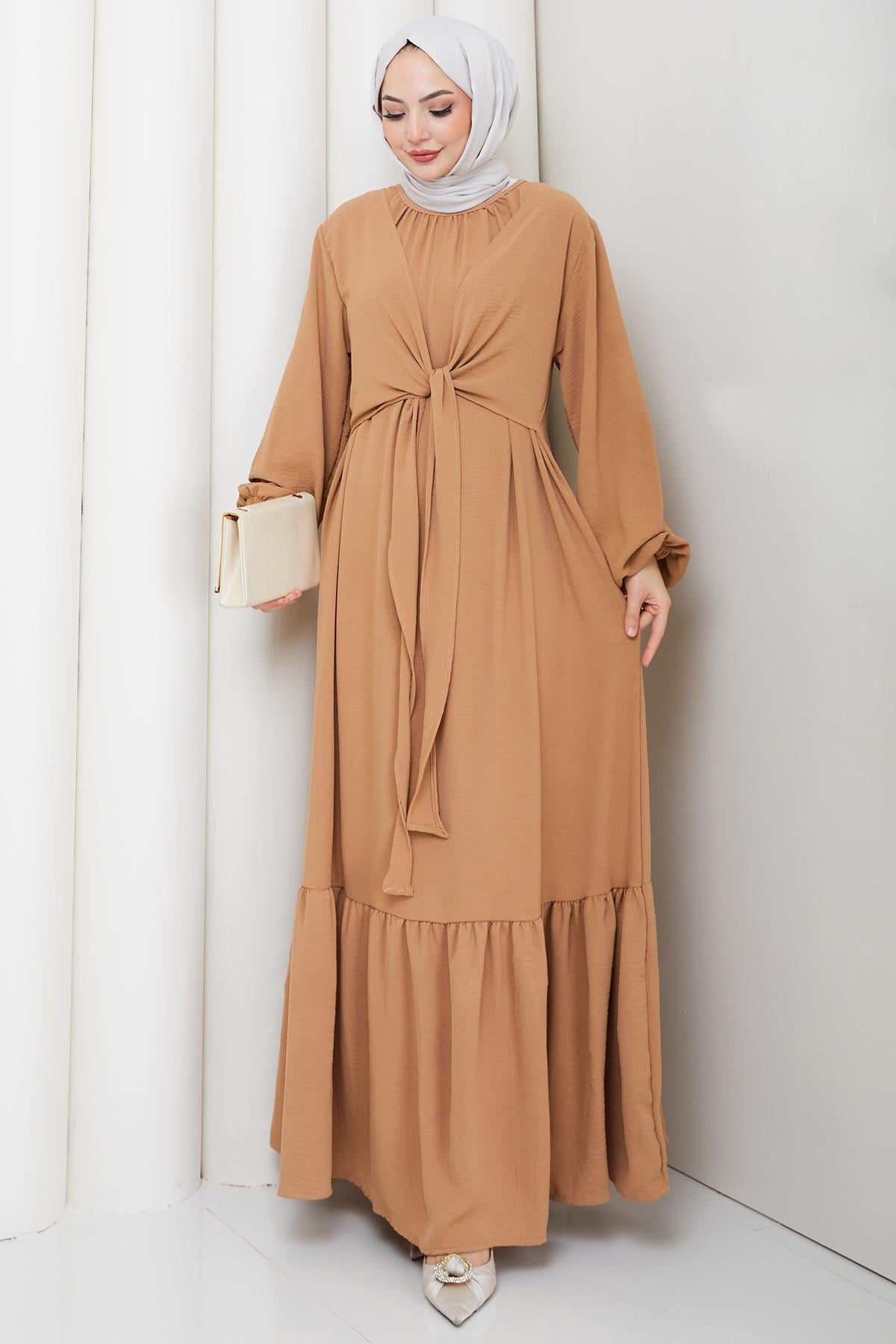Bağlama Detaylı Ayrobin Elbise Camel HM2873