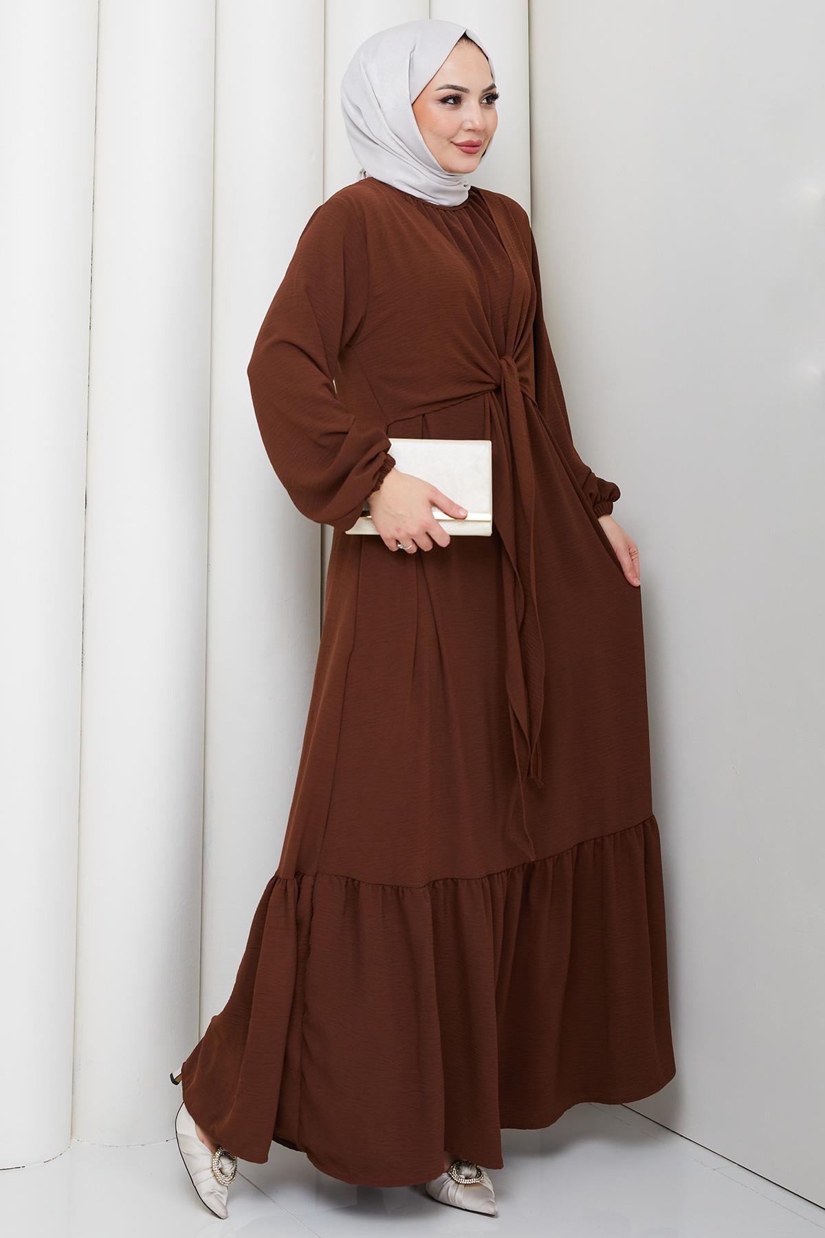 Bağlama Detaylı Ayrobin Elbise Kahverengi HM2873