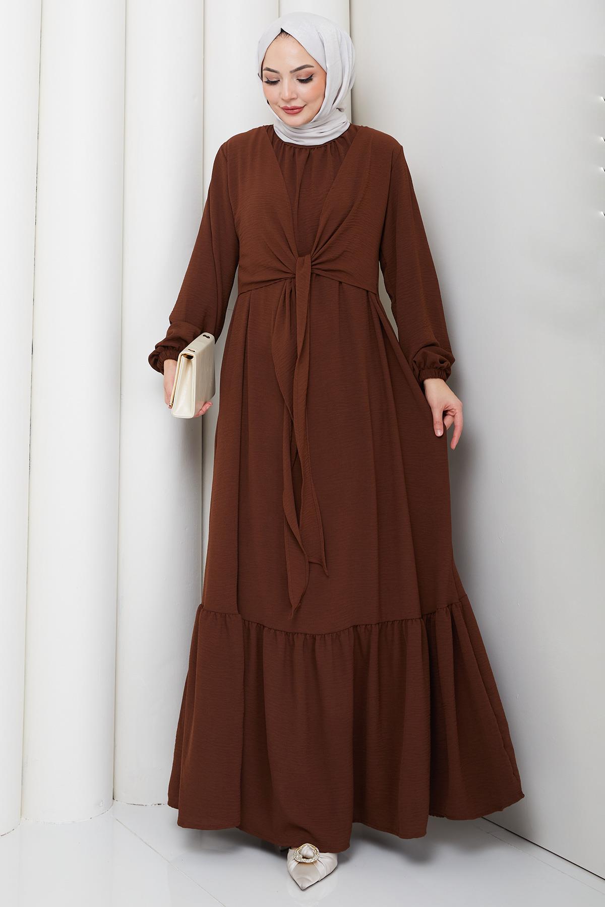 Bağlama Detaylı Ayrobin Elbise Kahverengi HM2873