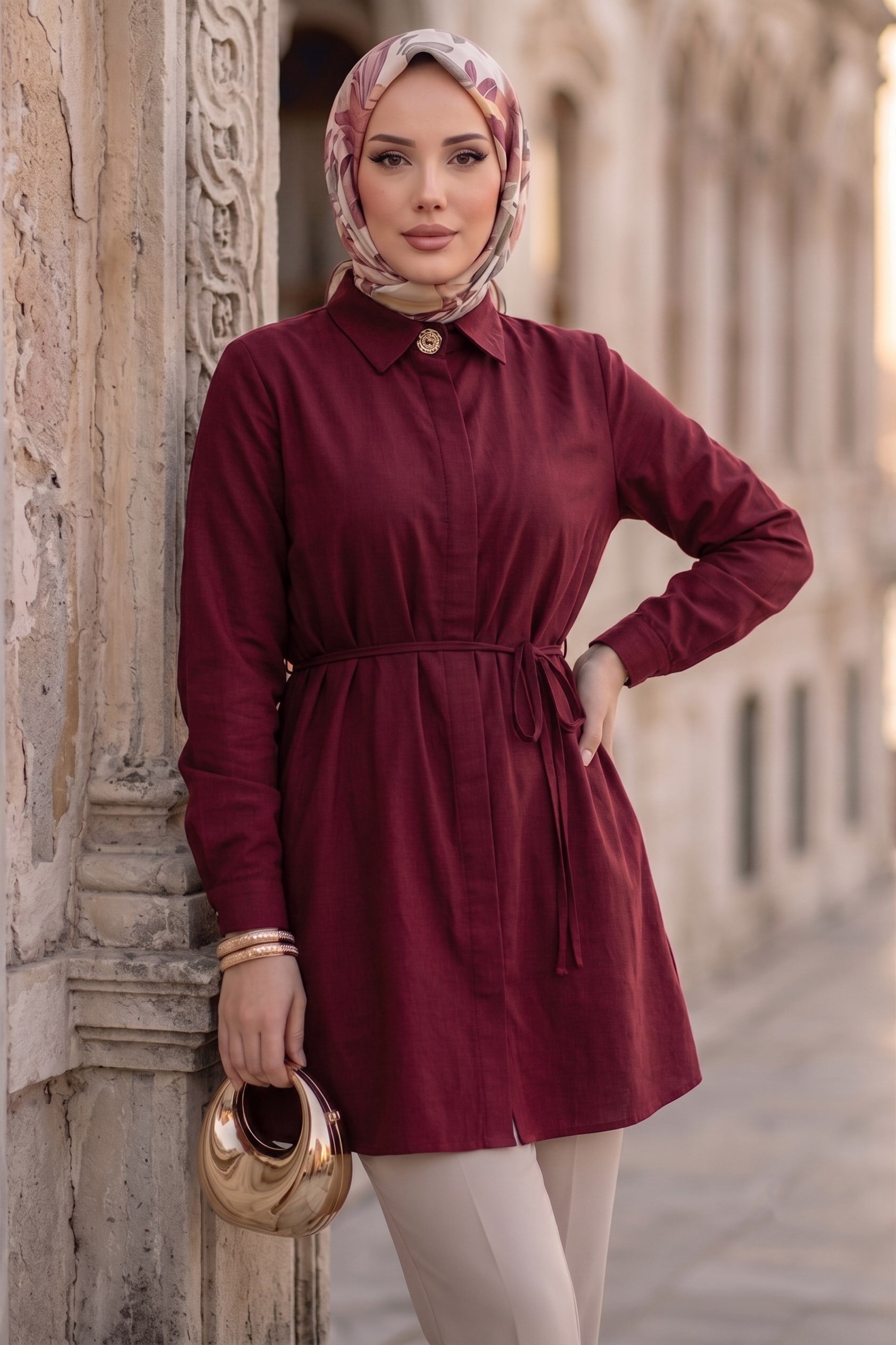Bağlamalı Cepli Tunik Bordo HM2911