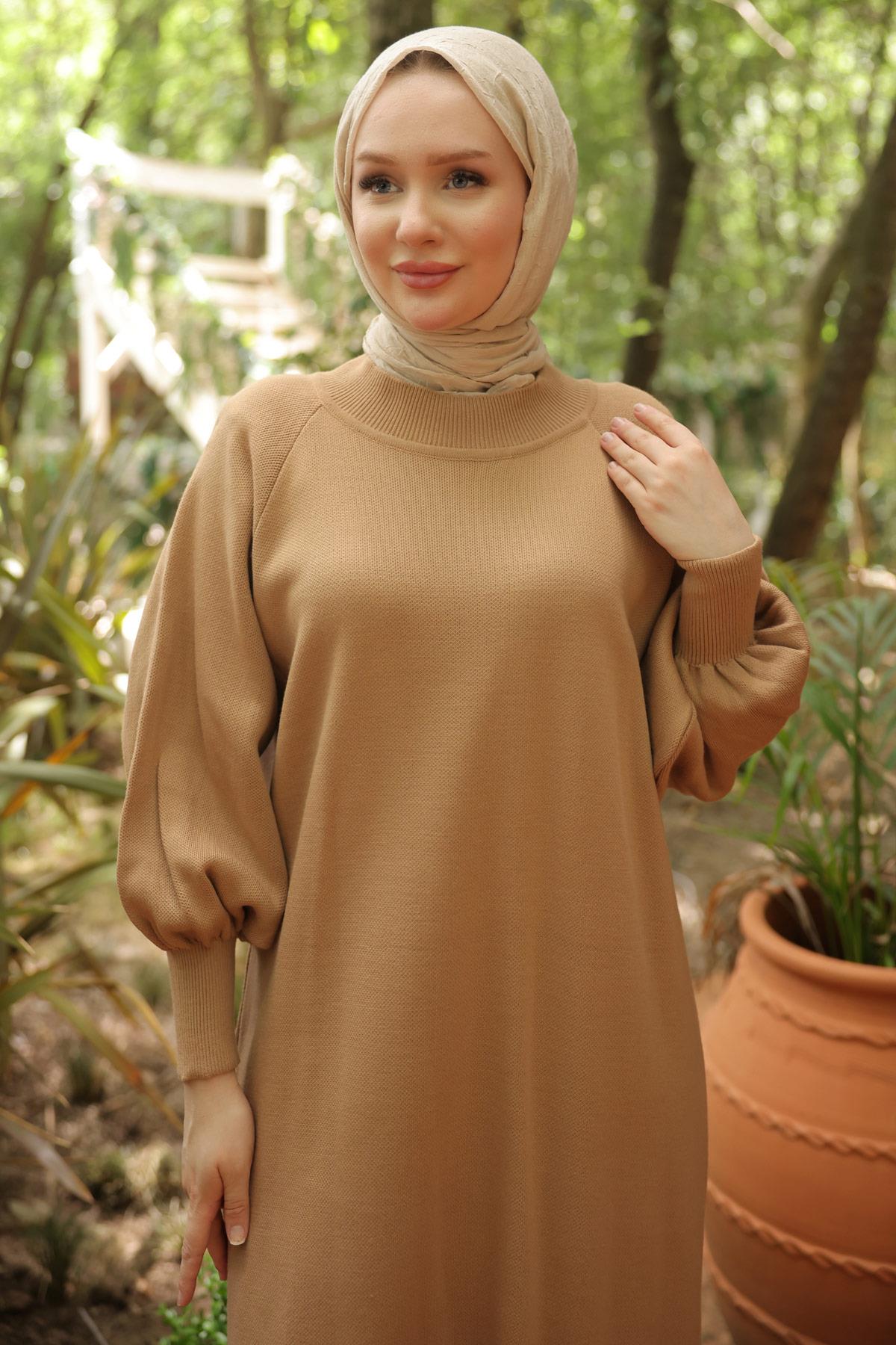 Balon Kol Triko Elbise Camel HM2522