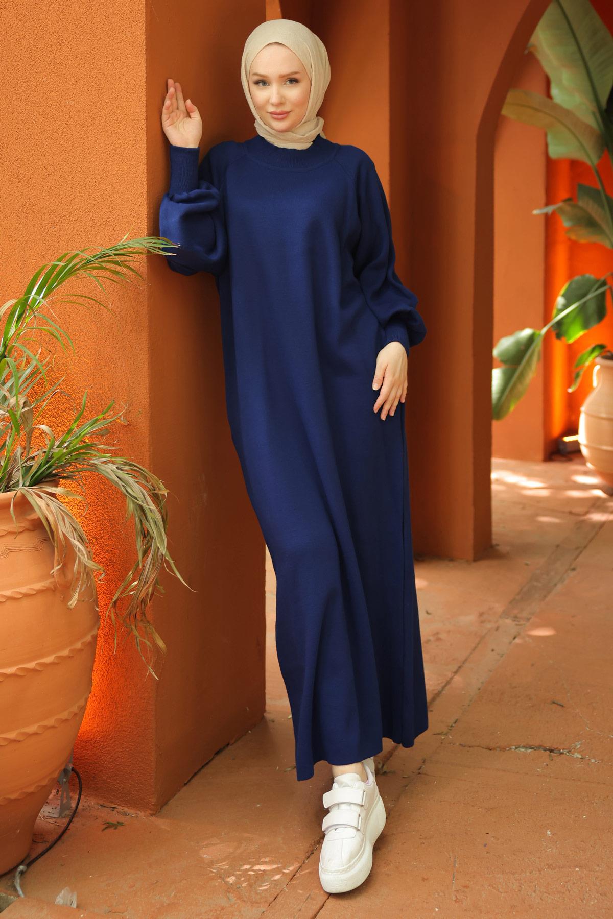 Balon Kol Triko Elbise Lacivert HM2522