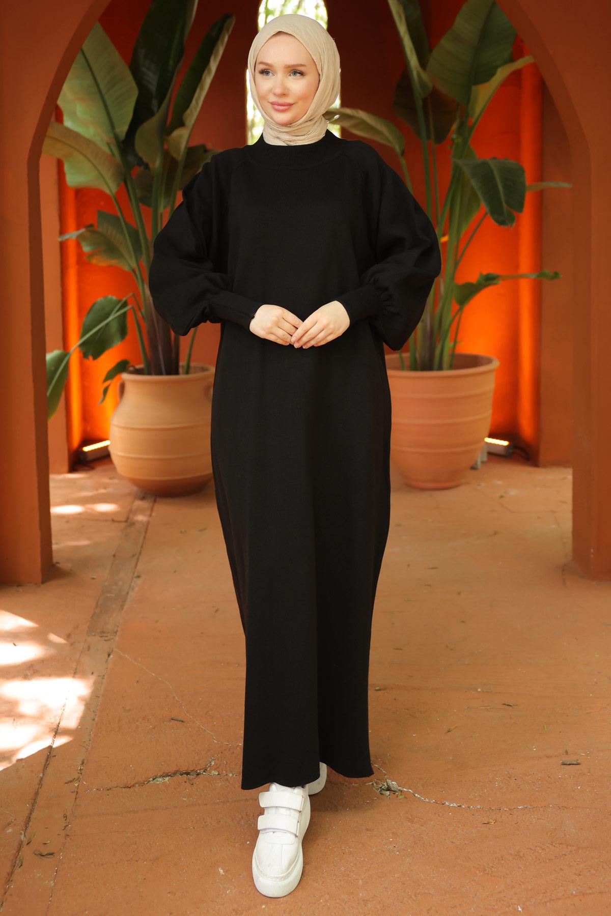 Balon Kol Triko Elbise Siyah HM2522