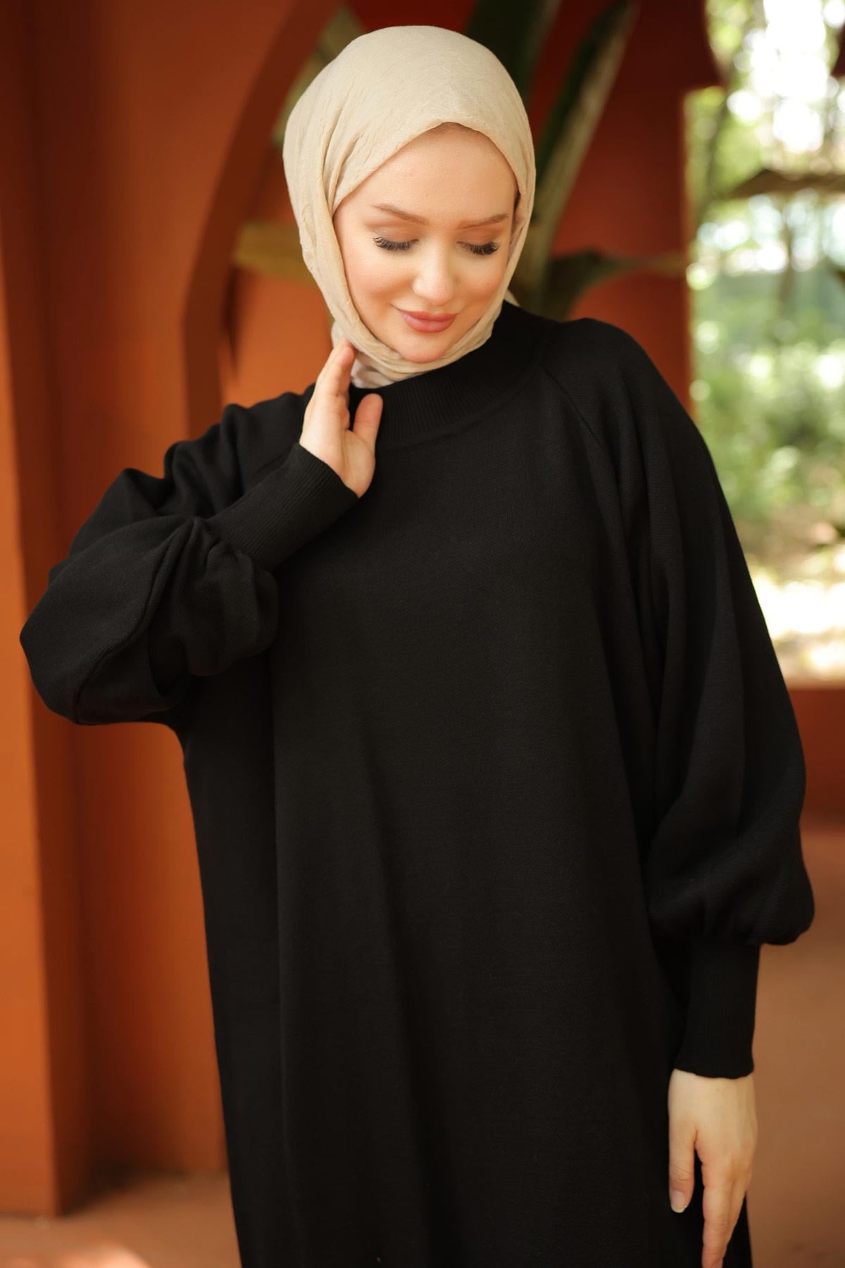 Balon Kol Triko Elbise Siyah HM2522