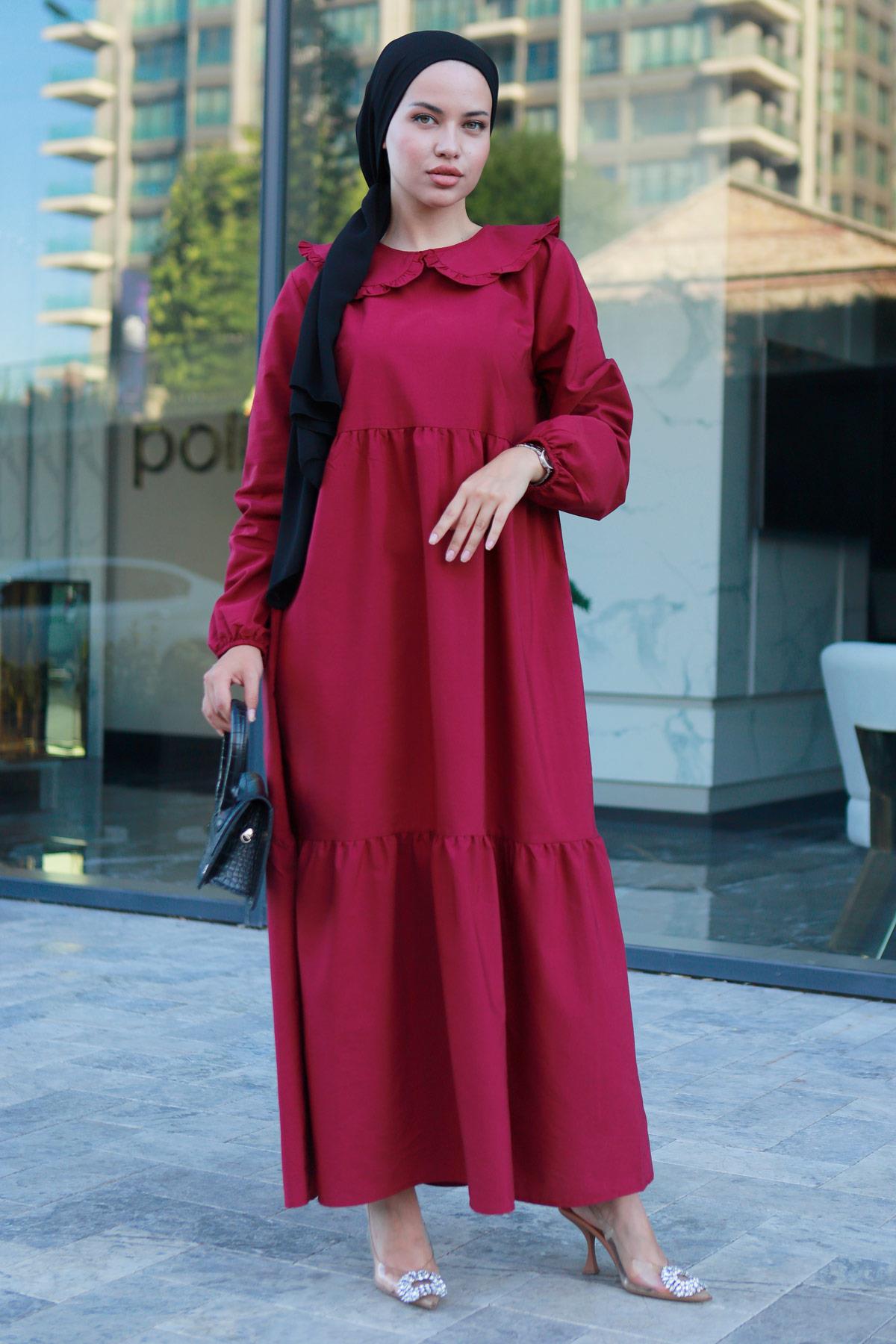 Bebe Yaka Tesettür Elbise Bordo HM2080