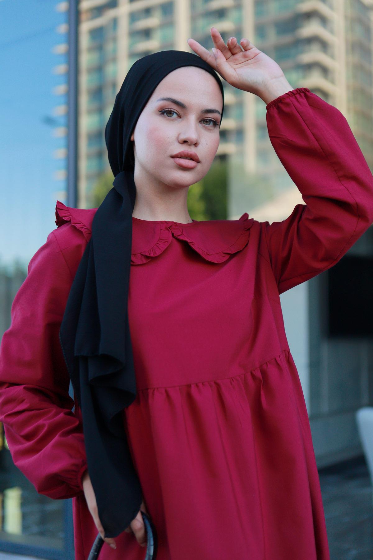 Bebe Yaka Tesettür Elbise Bordo HM2080