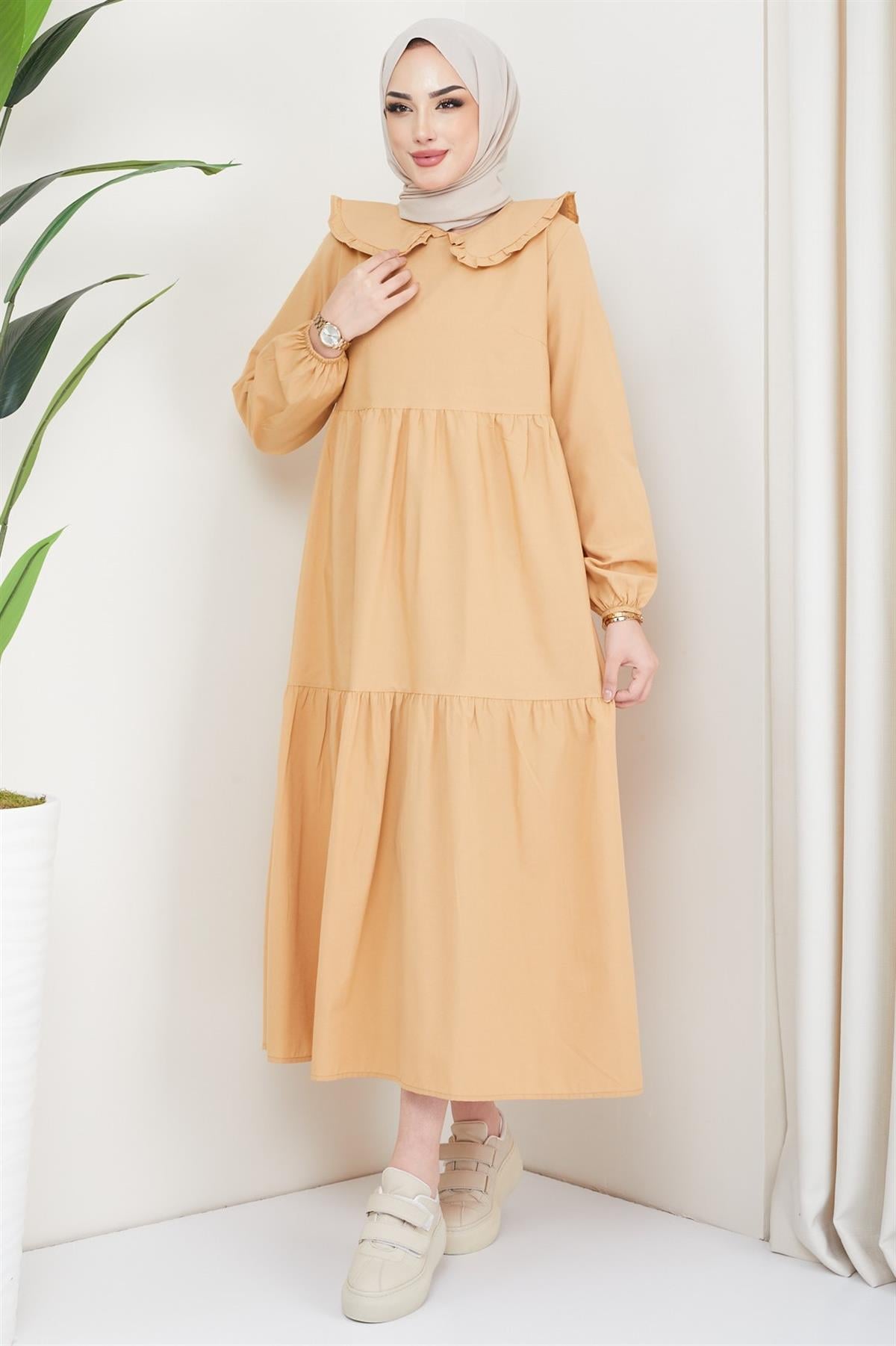 Bebe Yaka Tesettür Elbise Camel