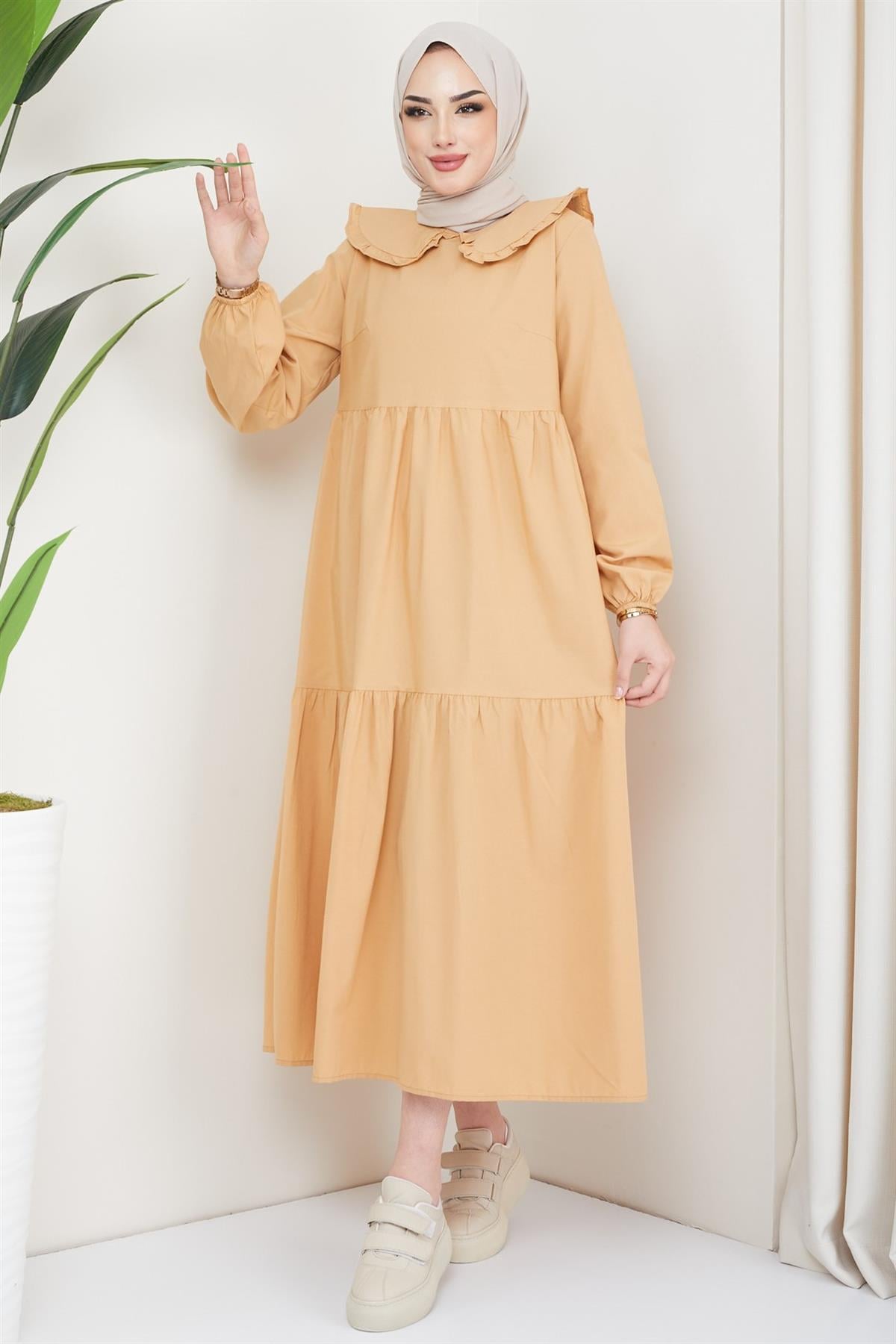 Bebe Yaka Tesettür Elbise Camel