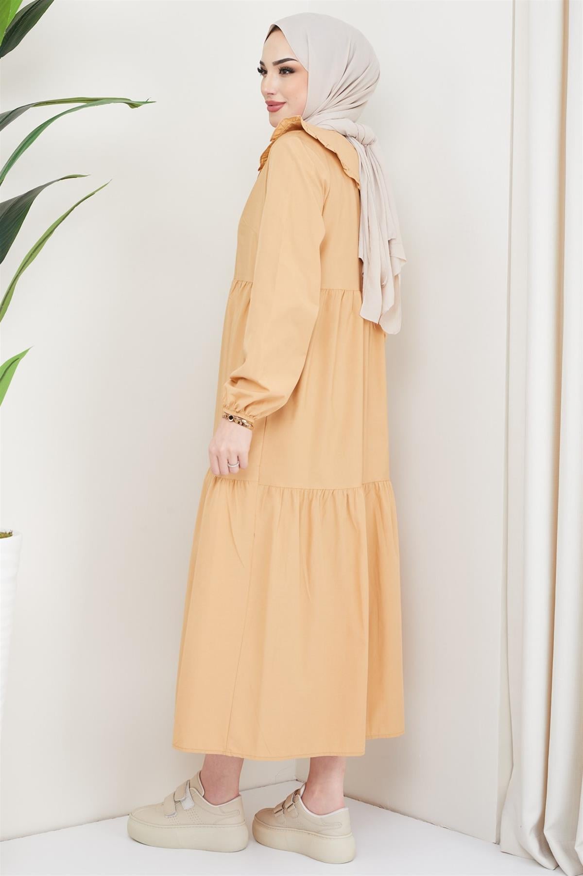 Bebe Yaka Tesettür Elbise Camel