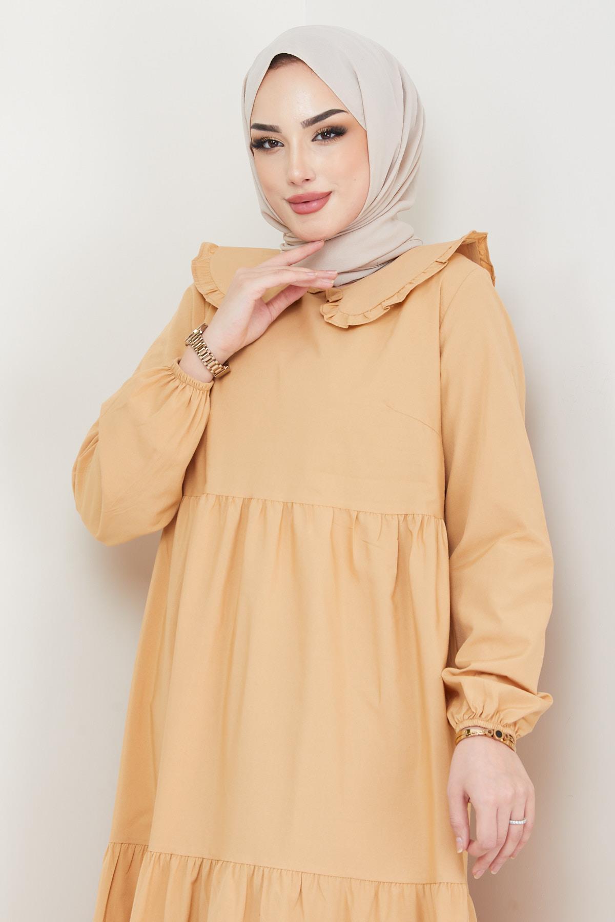 Bebe Yaka Tesettür Elbise Camel