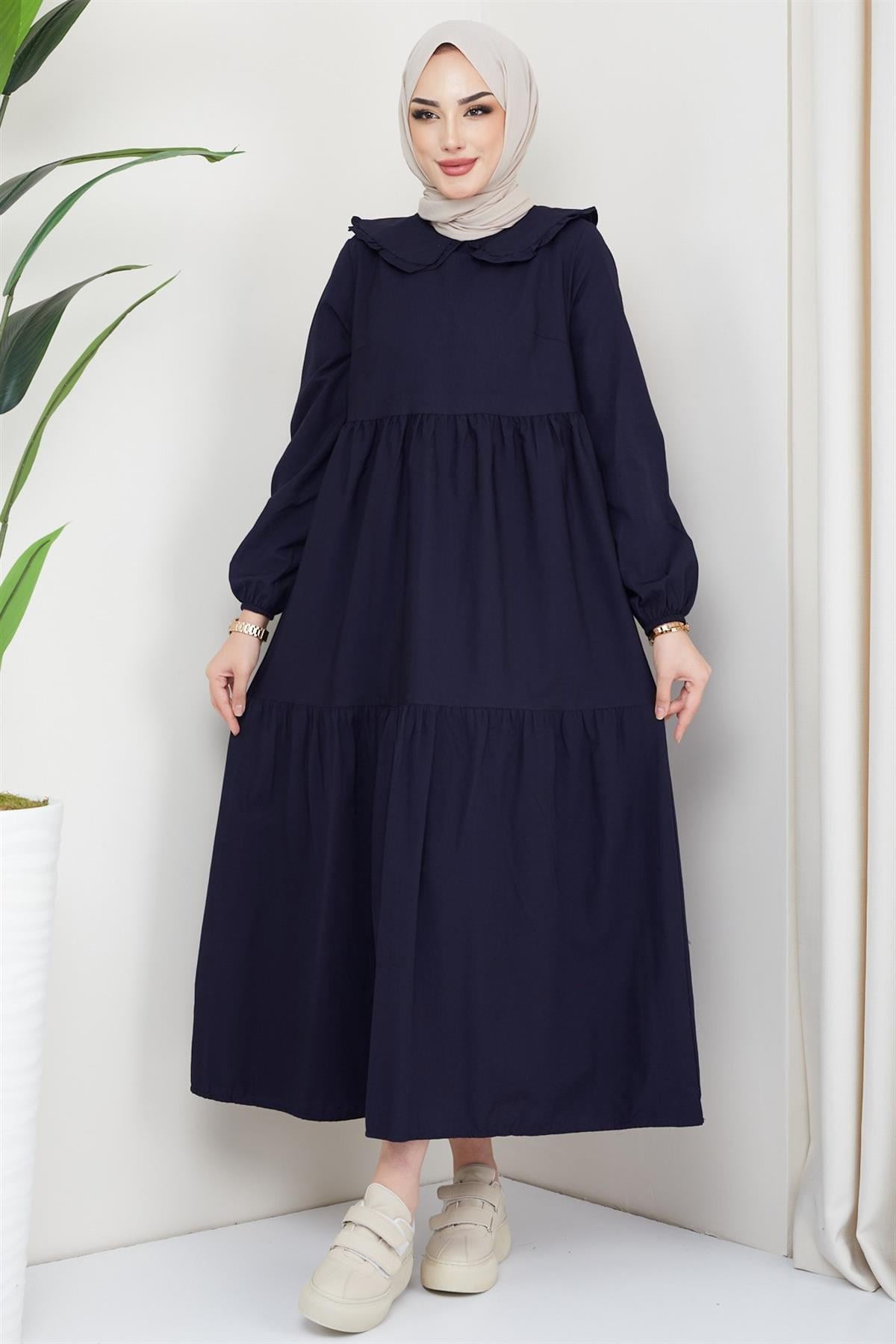 Bebe Yaka Tesettür Elbise Lacivert HM2080