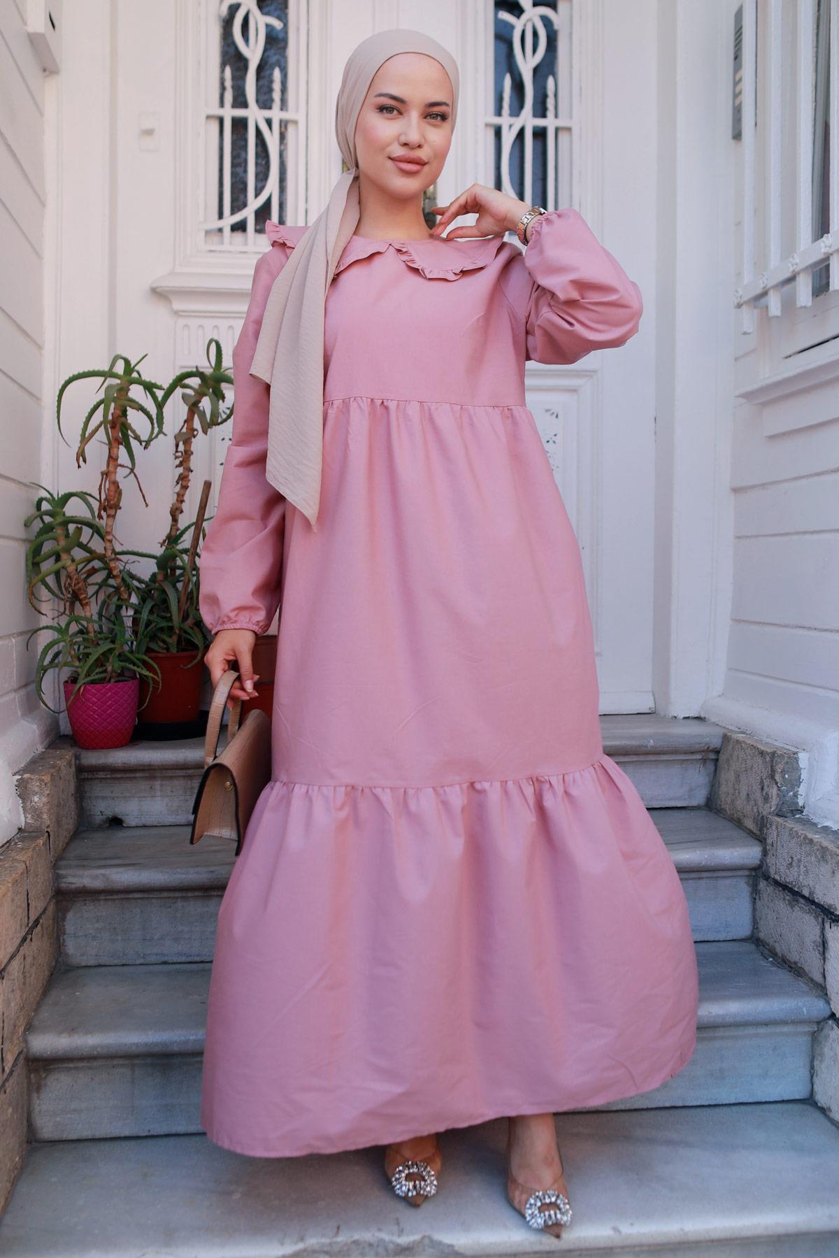 Bebe Yaka Tesettür Elbise Pembe HM2080