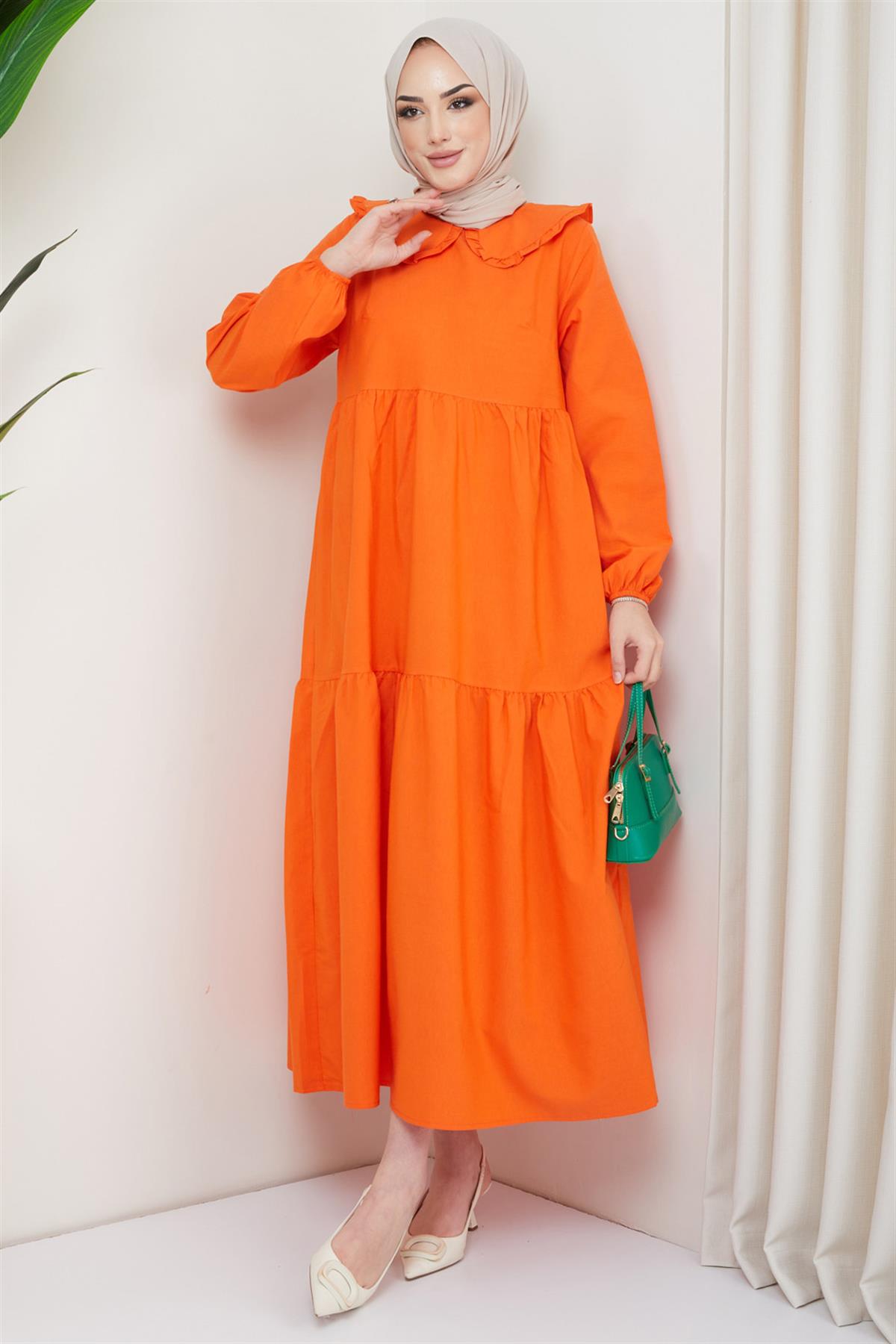 Bebe Yaka Tesettür Elbise Turuncu