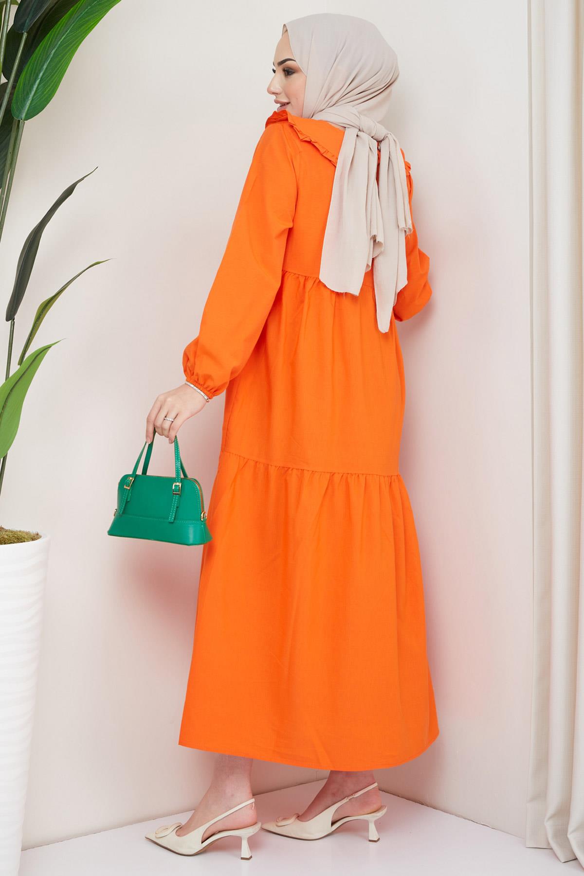 Bebe Yaka Tesettür Elbise Turuncu